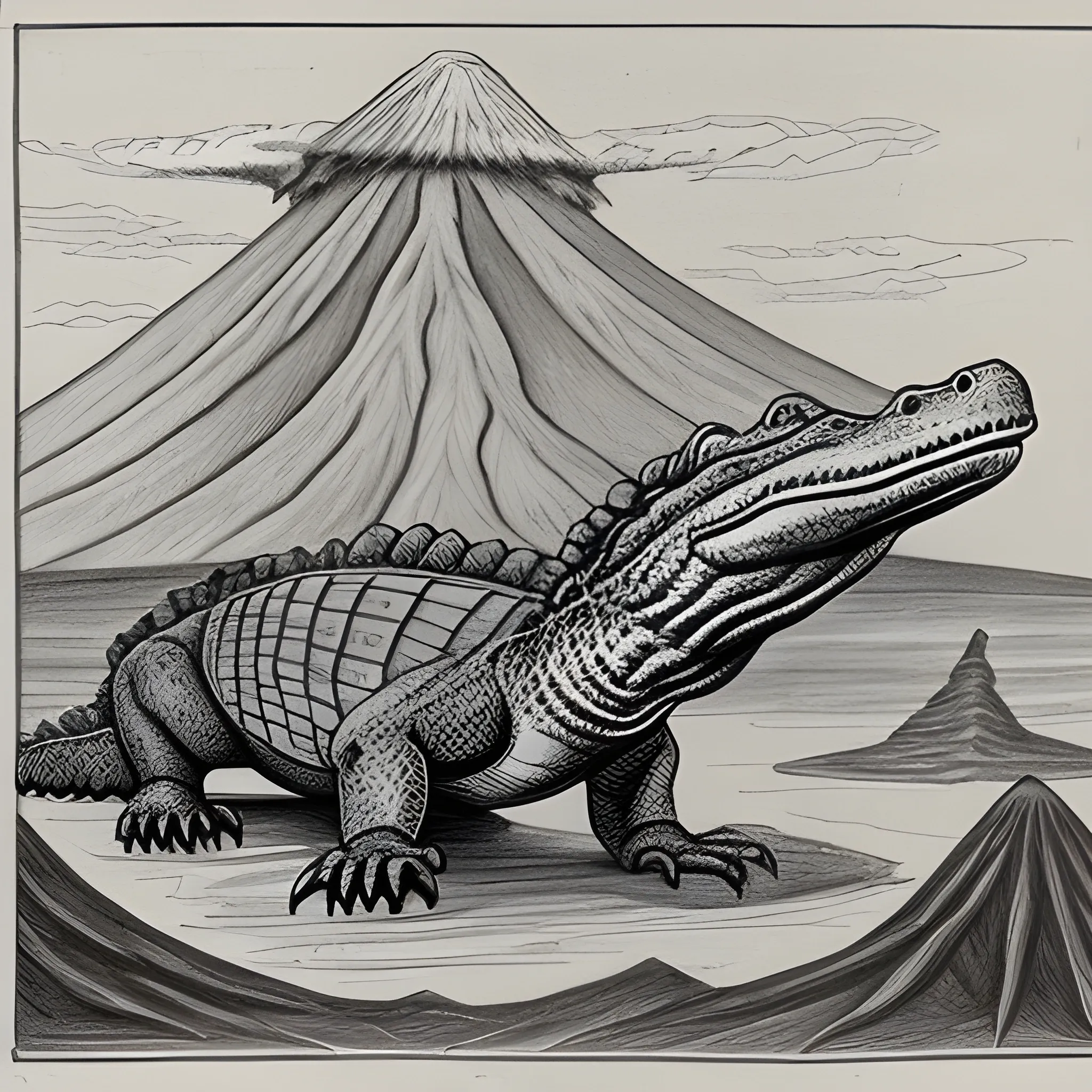 a native American drawing of a Crocodile with a Volcano on its back. 