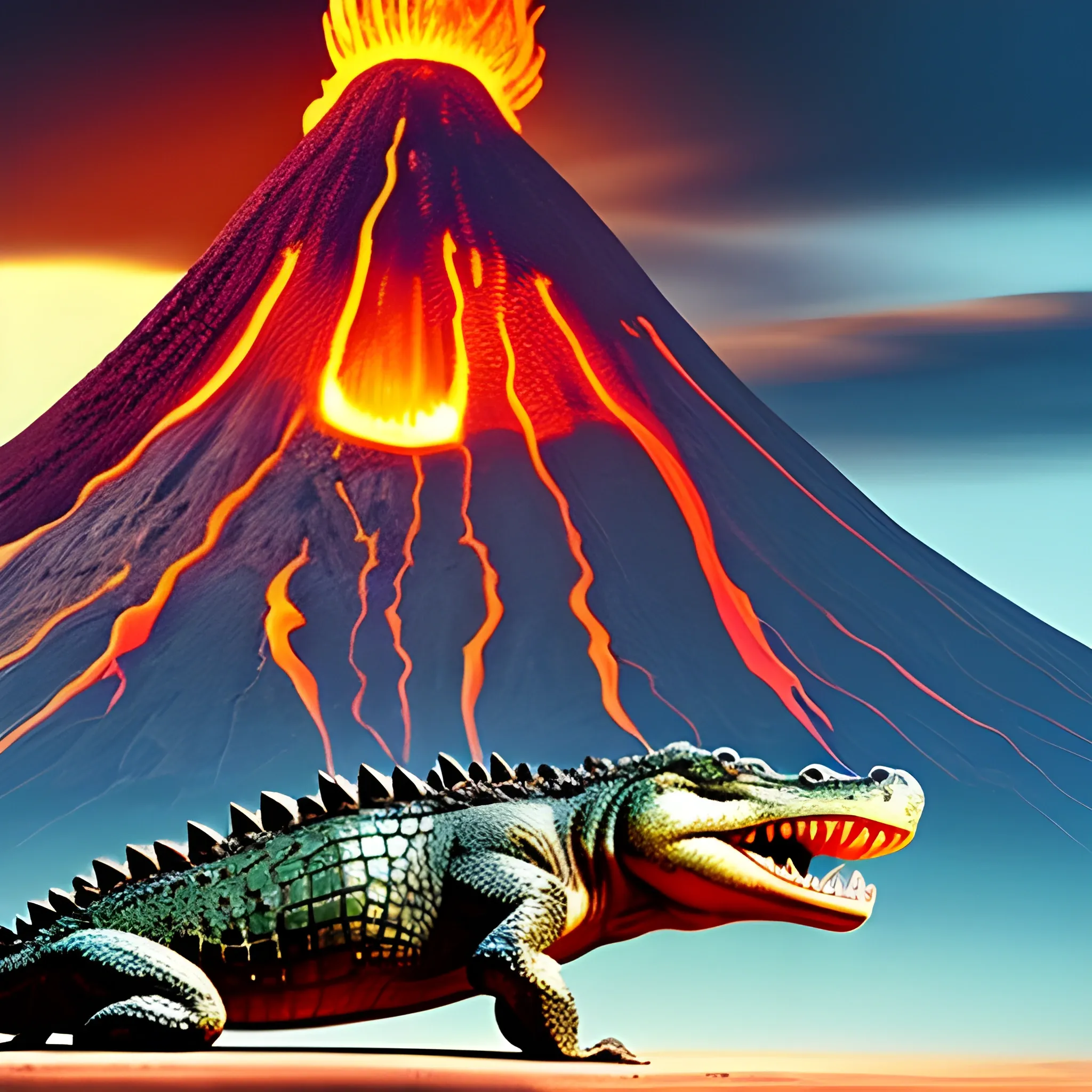 a crocodile with a volcano on TOP OF it's back.