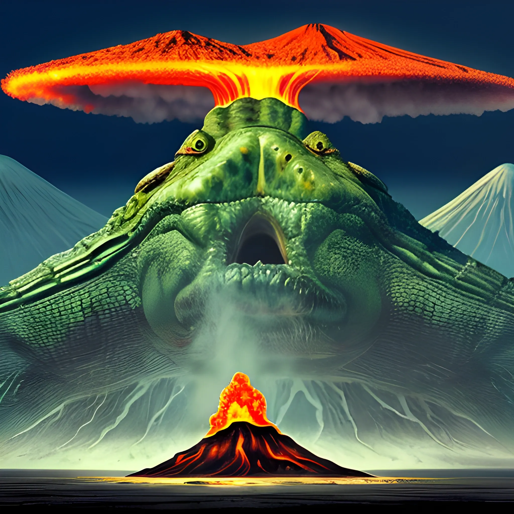 a giant crocodile with a volcano on top of it's back.