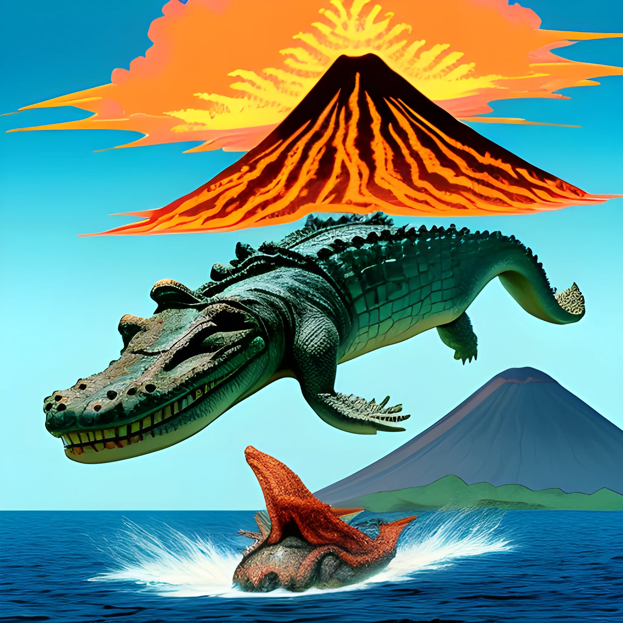 a giant crocodile with a volcano on top of it's back swimming in the ocean.