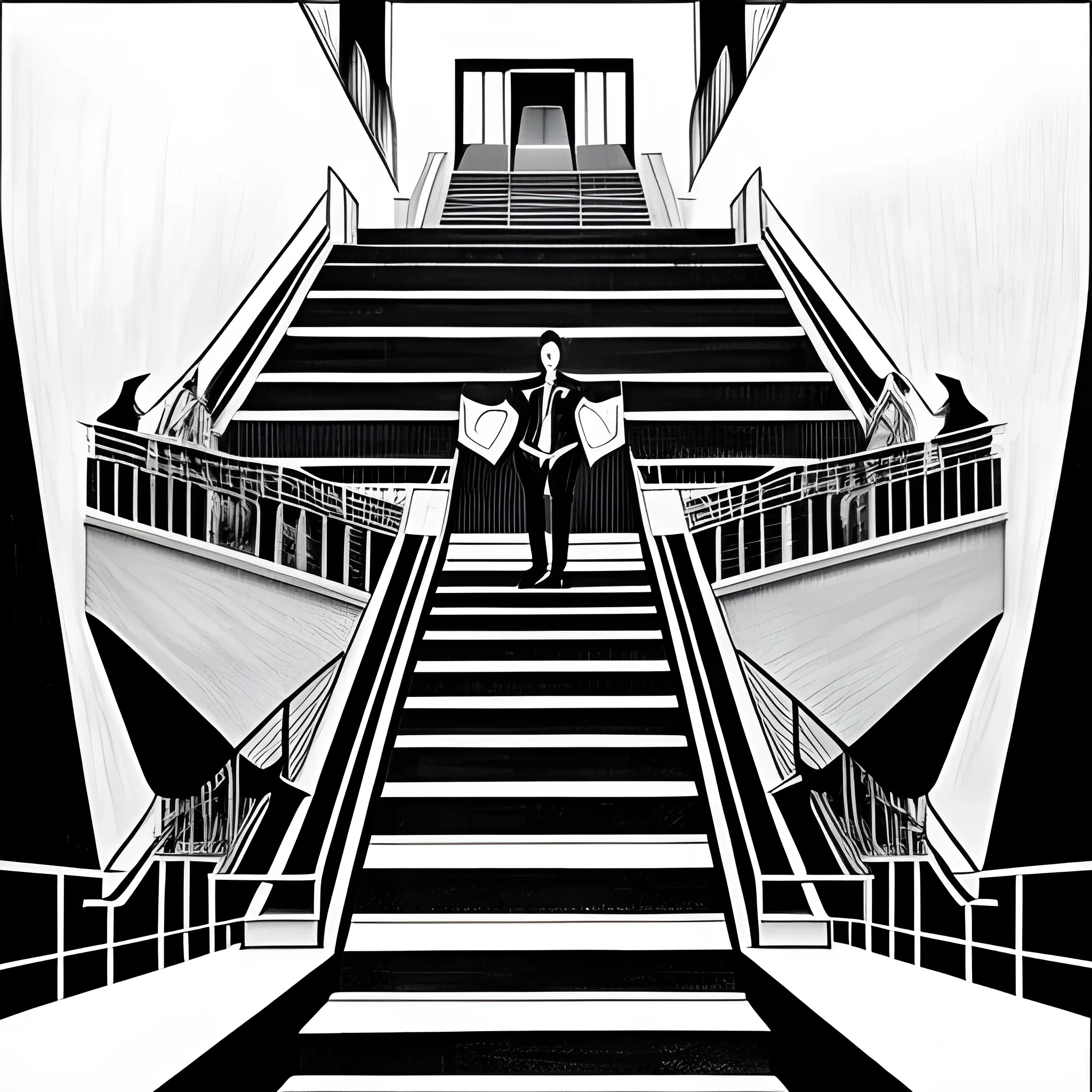 Black and white colors ink nanquim drawing Anime, students with suit from the front on surrealist setting of a school with endless stairs that look like paintings by Maurits Cornelis Escher, Salvador Dalí, Kazuo Umezu and Ito Junji mixed, landscape, sharp focus, masterpiece, highly detailed




