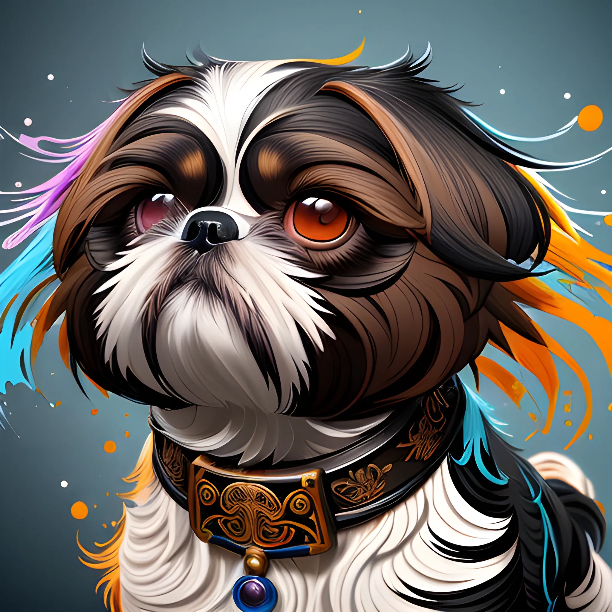 splash art, a black and brown liquid shihtzu with long hair and brown muzzle, splash style of colourful paint, hyperdetailed intricately detailed, fantastical, intricate detail, splash screen, complementary colours, fantasy, concept art, 8k resolution