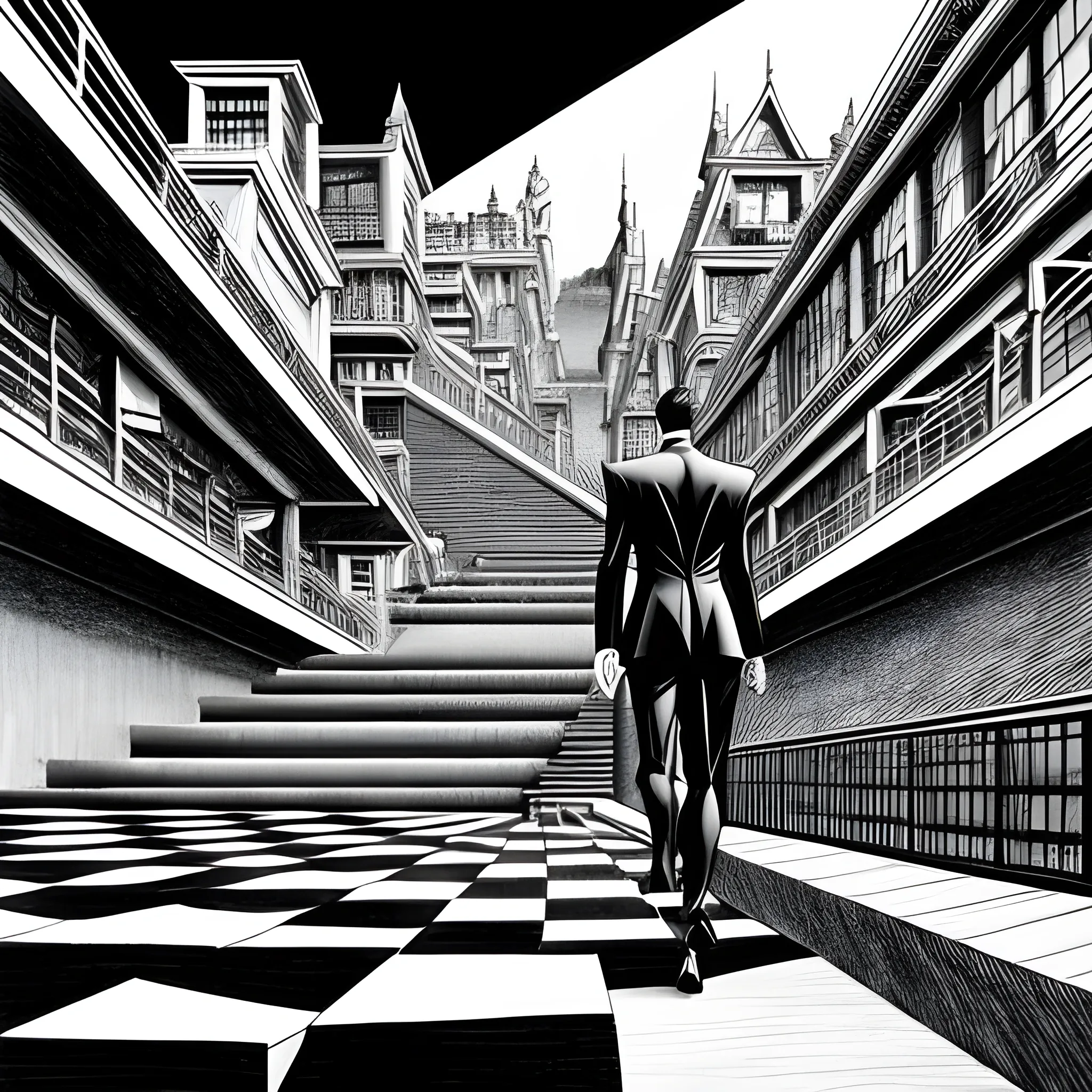 Black and white colors ink nanquim drawing Anime, Anime perspective drawing, back person with suit on surrealist setting of a school with endless stairs that look like paintings by Maurits Cornelis Escher, Salvador Dalí, Kazuo Umezu and Ito Junji mixed, landscape, horror, sharp focus, masterpiece, highly detailed