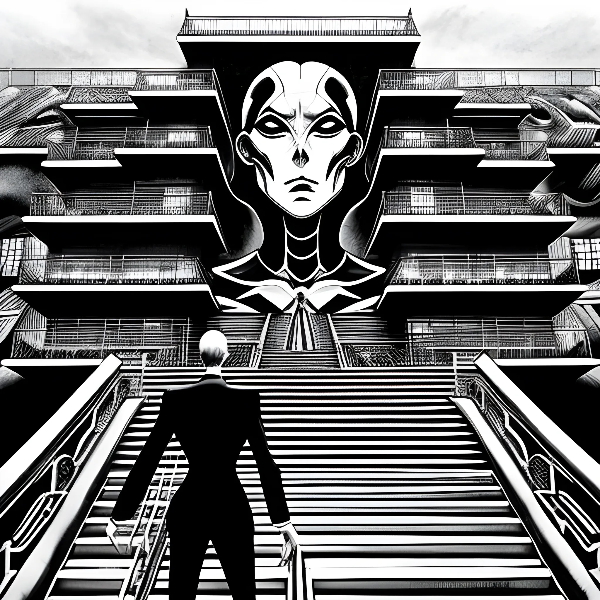 Black and white colors ink nanquim drawing Anime, Anime perspective drawing, back person with suit on surrealist setting of a school with endless stairs that look like paintings by Maurits Cornelis Escher, Salvador Dalí, Kazuo Umezu and Ito Junji mixed, landscape, horror, sharp focus, masterpiece, highly detailed