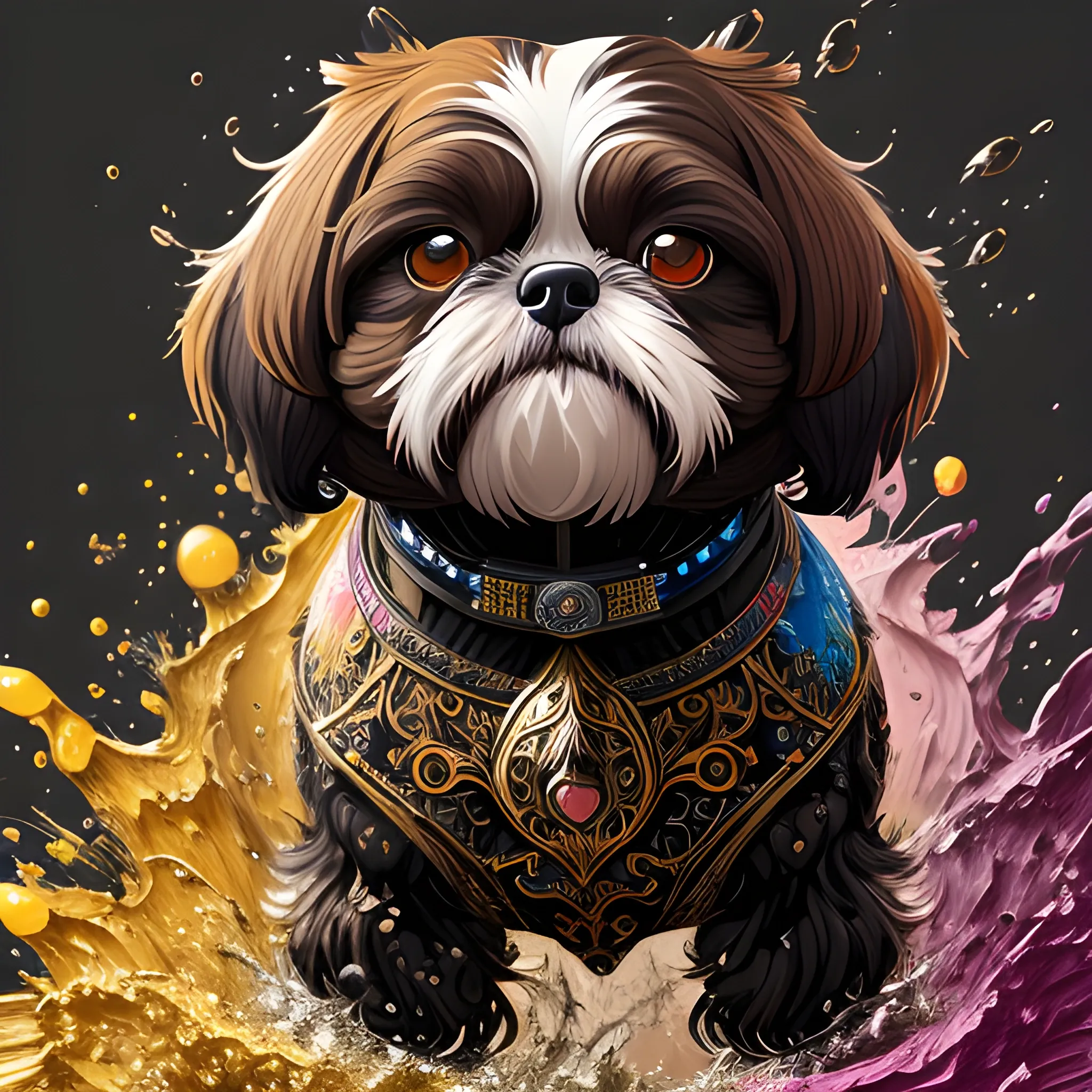 splash art, fullbody black and brown liquid shihtzu with long brown hair and black muzzle and brown paw, splash style of colourful paint, hyperdetailed intricately detailed, fantastical, intricate detail, splash screen, complementary colours, fantasy, concept art, 8k resolution