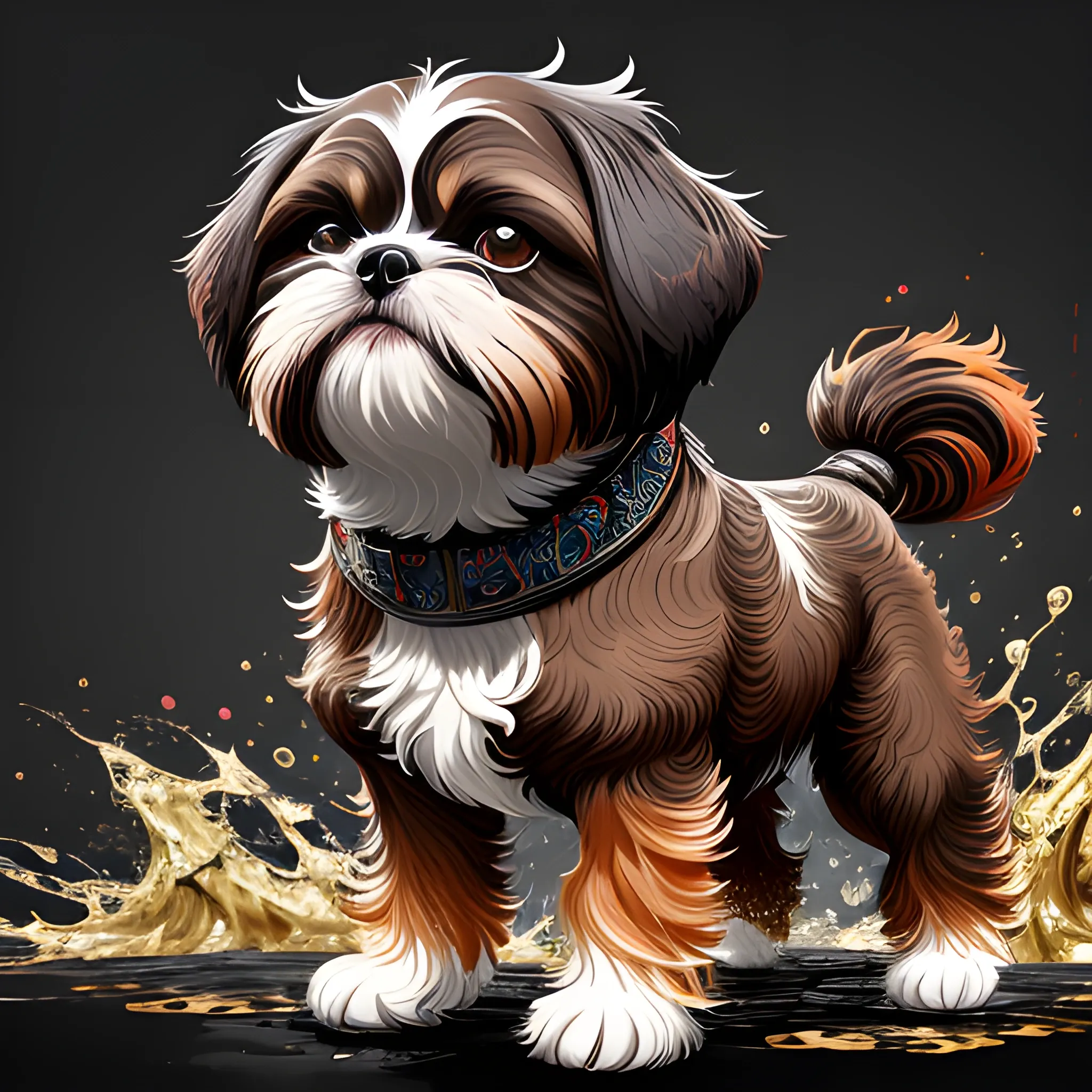 splash art, fullbody black and brown liquid shihtzu with long brown hair and black muzzle and brown paw, splash style of colourful paint, hyperdetailed intricately detailed, fantastical, intricate detail, splash screen, complementary colours, fantasy, concept art, 8k resolution