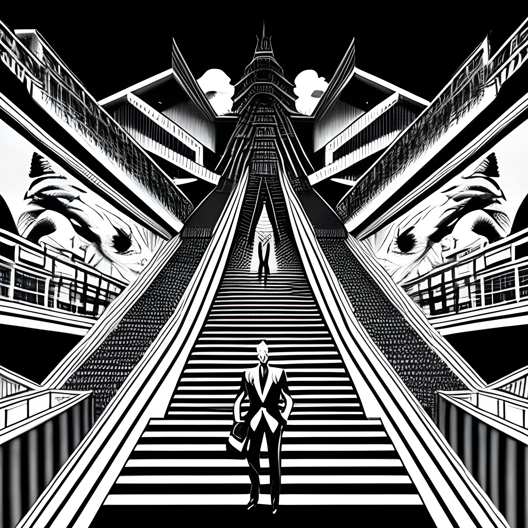 Black and white colors ink nanquim drawing Anime, Anime perspective drawing, back person with suit on surrealist setting of a school with endless stairs that look like paintings by Maurits Cornelis Escher, Salvador Dalí, Kazuo Umezu and Ito Junji mixed, landscape, horror, sharp focus, masterpiece, highly detailed