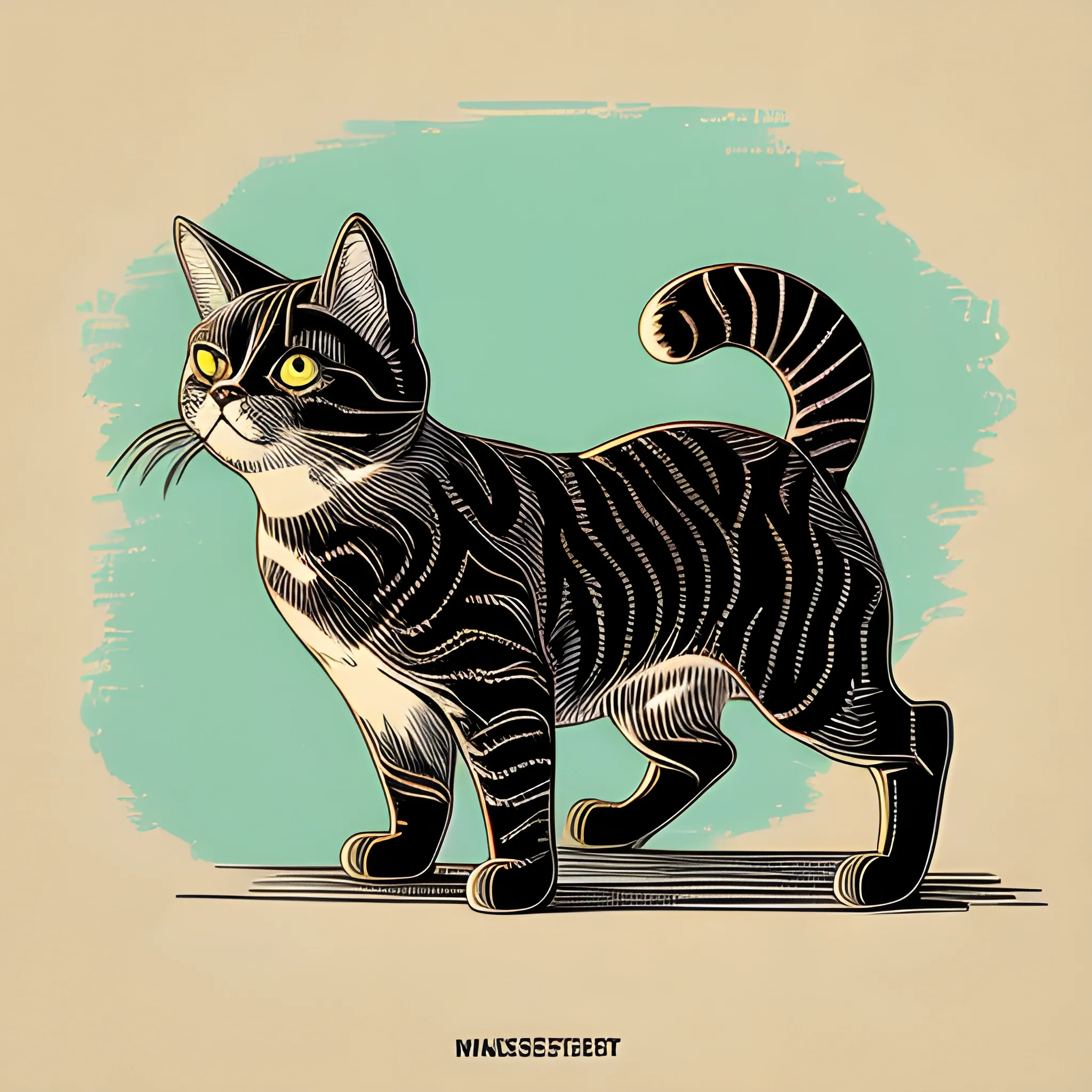 A detailed illustration, cat, night, clean focus , full shot splash, anime, comic, flat design, colorful shades, highly detailed, clean, vector image, flat white background, isometric, vibrant, vector, vintage, rustic, distressed texture, faded colors, line art, engraving style, background white, no shadows, 16k, focus, deviant art masterpiece.