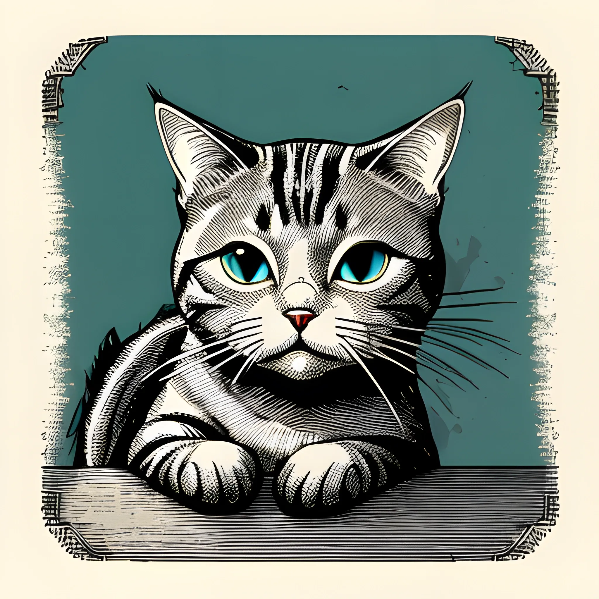 A detailed illustration, cat, night, clean focus , full shot splash, anime, comic, flat design, colorful shades, highly detailed, clean, vector image, flat white background, isometric, vibrant, vector, vintage, rustic, distressed texture, faded colors, line art, engraving style, background white, no shadows, 16k, focus, deviant art masterpiece.