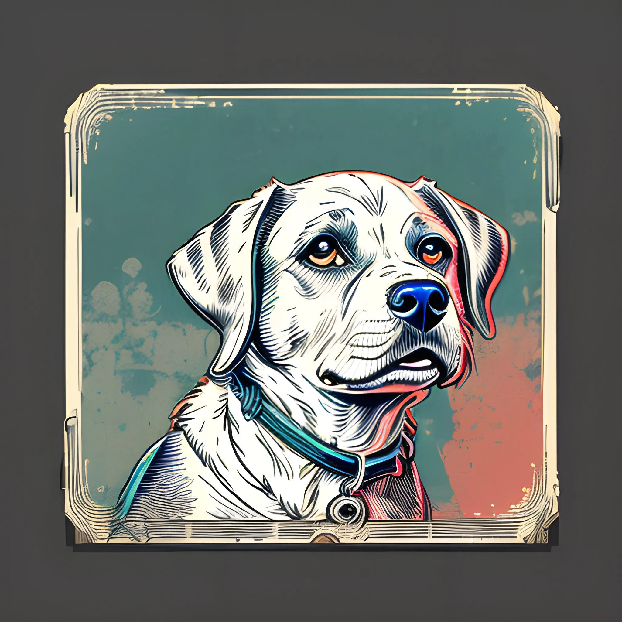 A detailed illustration, dog, night, clean focus , full shot splash, anime, comic, flat design, colorful shades, highly detailed, clean, vector image, flat white background, isometric, vibrant, vector, vintage, rustic, distressed texture, faded colors, line art, engraving style, background white, no shadows, 16k, focus, deviant art masterpiece.