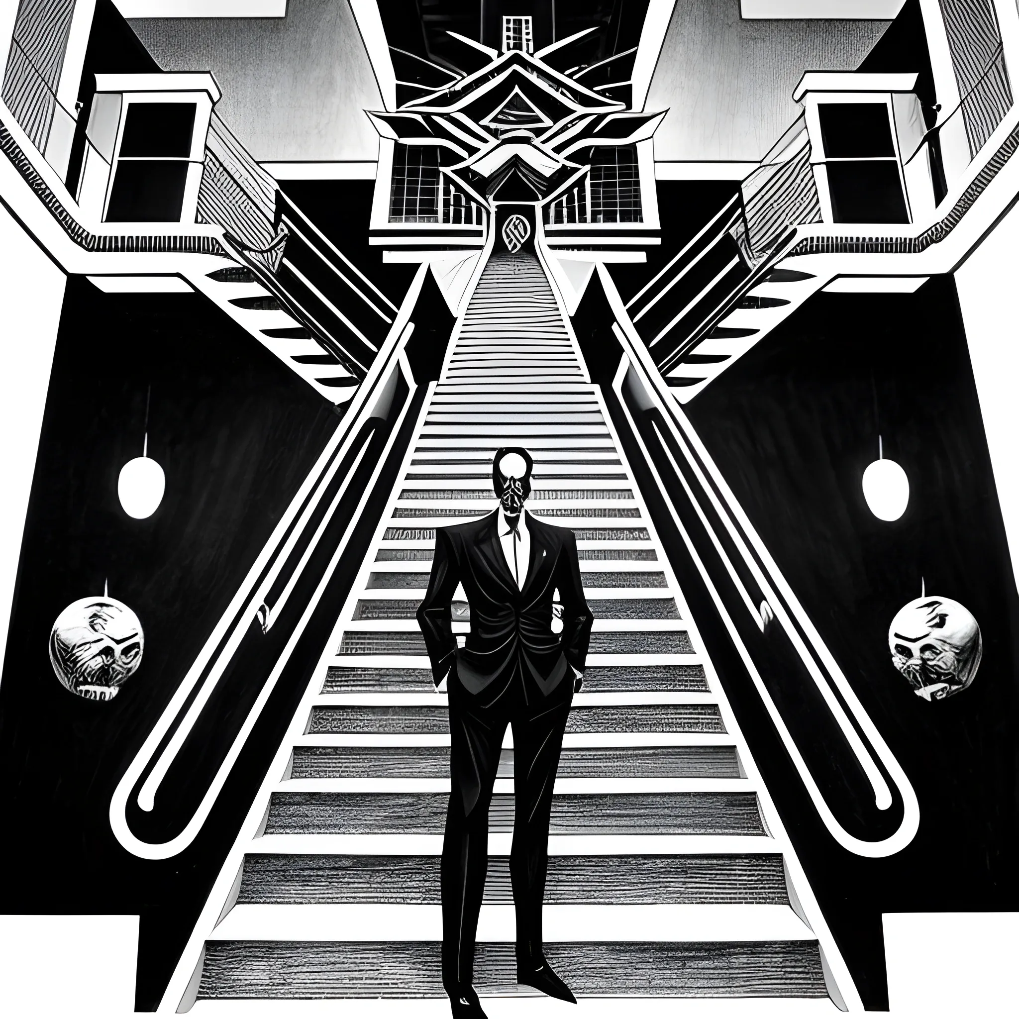 Black and white colors ink nanquim drawing Anime, Anime perspective drawing, back person with suit on surrealist setting of a school with endless stairs that look like paintings by Maurits Cornelis Escher, Salvador Dalí, Kazuo Umezu and Ito Junji mixed, landscape, horror, sharp focus, masterpiece, highly detailed