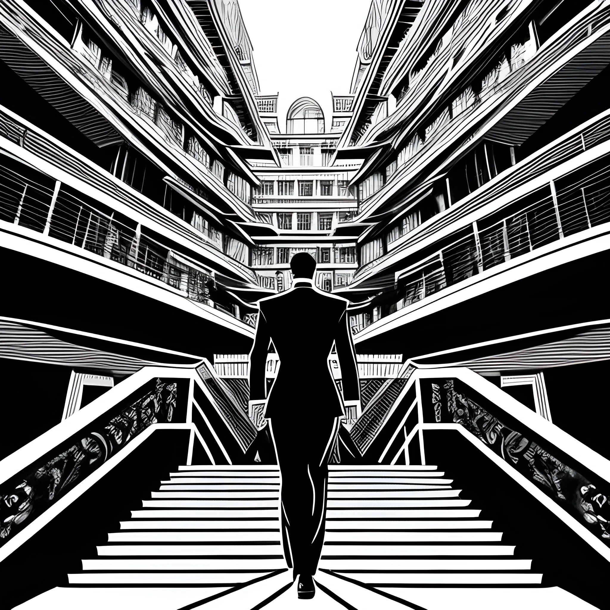 Black and white colors ink nanquim drawing Anime, Anime perspective drawing, back person with suit looking at surrealist setting of a school with endless stairs that look like paintings by Maurits Cornelis Escher, Salvador Dalí, Kazuo Umezu and Ito Junji mixed, landscape, horror, sharp focus, masterpiece, highly detailed, back person portrait