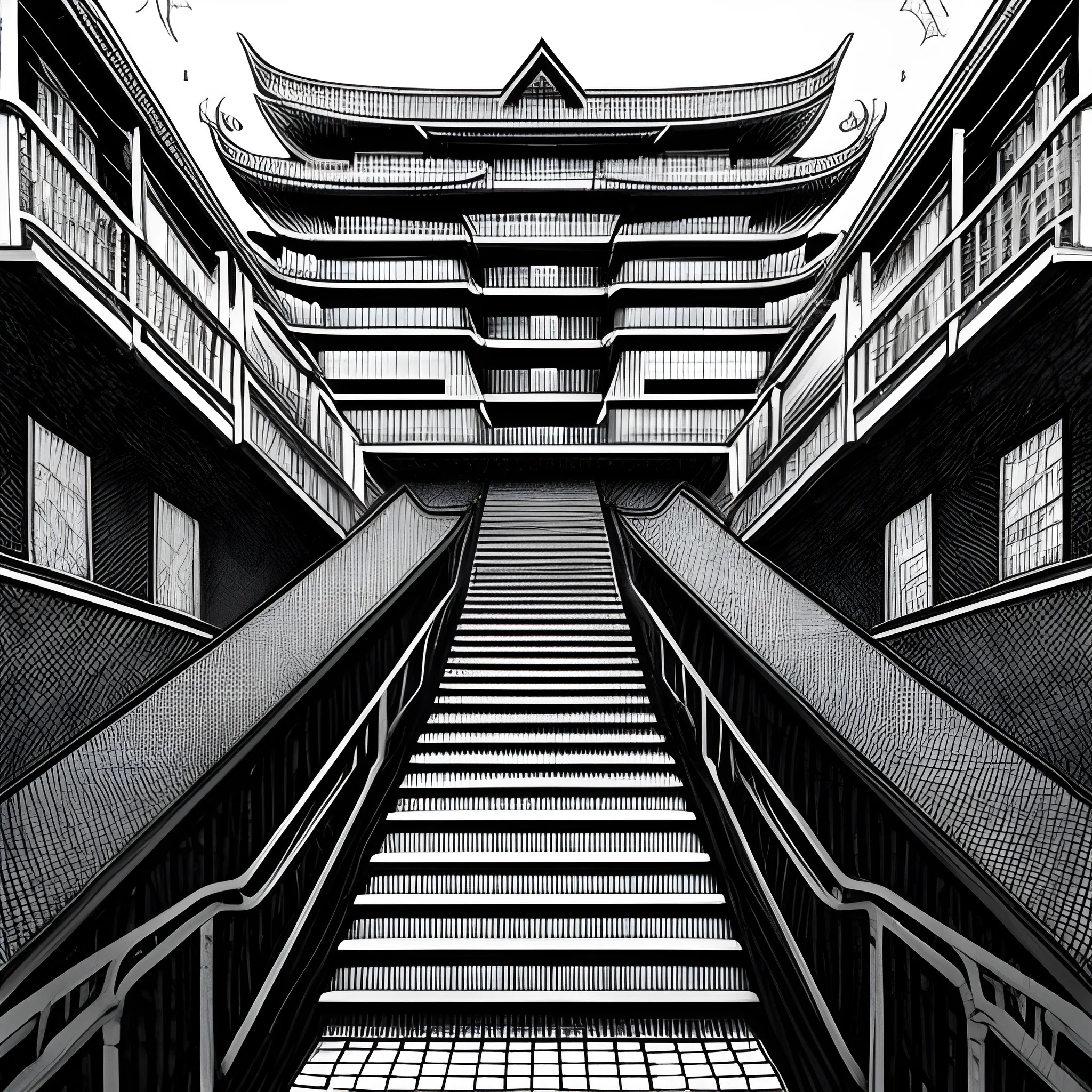 Black and white colors ink nanquim drawing Anime, Anime perspective drawing, surrealist setting of a school with endless stairs that look like paintings by Maurits Cornelis Escher, Salvador Dalí, Kazuo Umezu and Ito Junji mixed, landscape, sharp focus, masterpiece, highly detailed, surrealist landscape