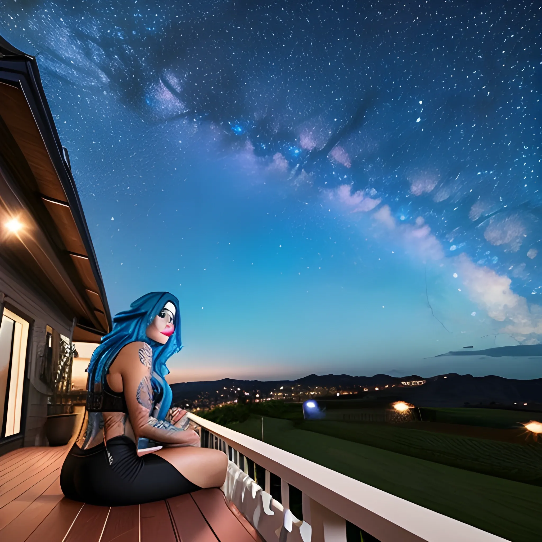 A latina girl with blue hair, with tattoos, Sitting on a porch, overlooking the house, dark starry sky, with few clouds, the woman looking in front of the camera, a shine in her hair, a splendid view, Trippy