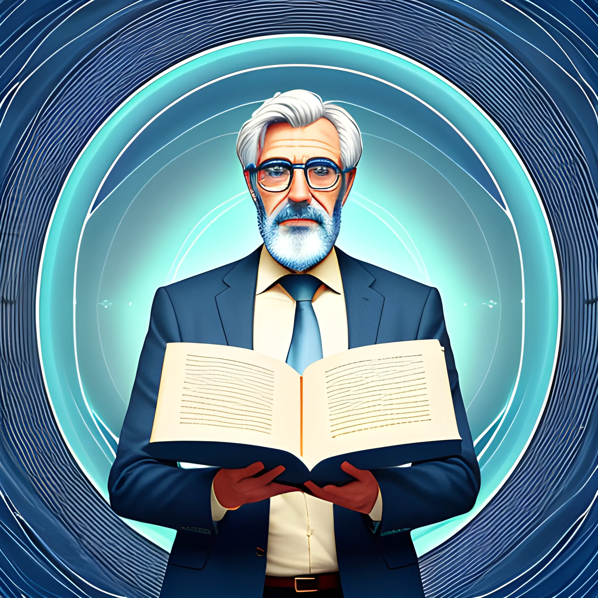 It generates a hyper-realistic image of a school classroom with golden sunset light filtering through the window. In the center of the room, visualize a middle-aged teacher with tousled gray hair and round reading glasses, wearing a dark blue wool sweater and gray cloth pants. This professor is holding an old hardcover book with numerous colorful sticky notes protruding from the pages. In front of him is a holographic representation in shades of blue of ChatGPT, visualized as floating lines and curves forming a human face in the midst of detailed explanation