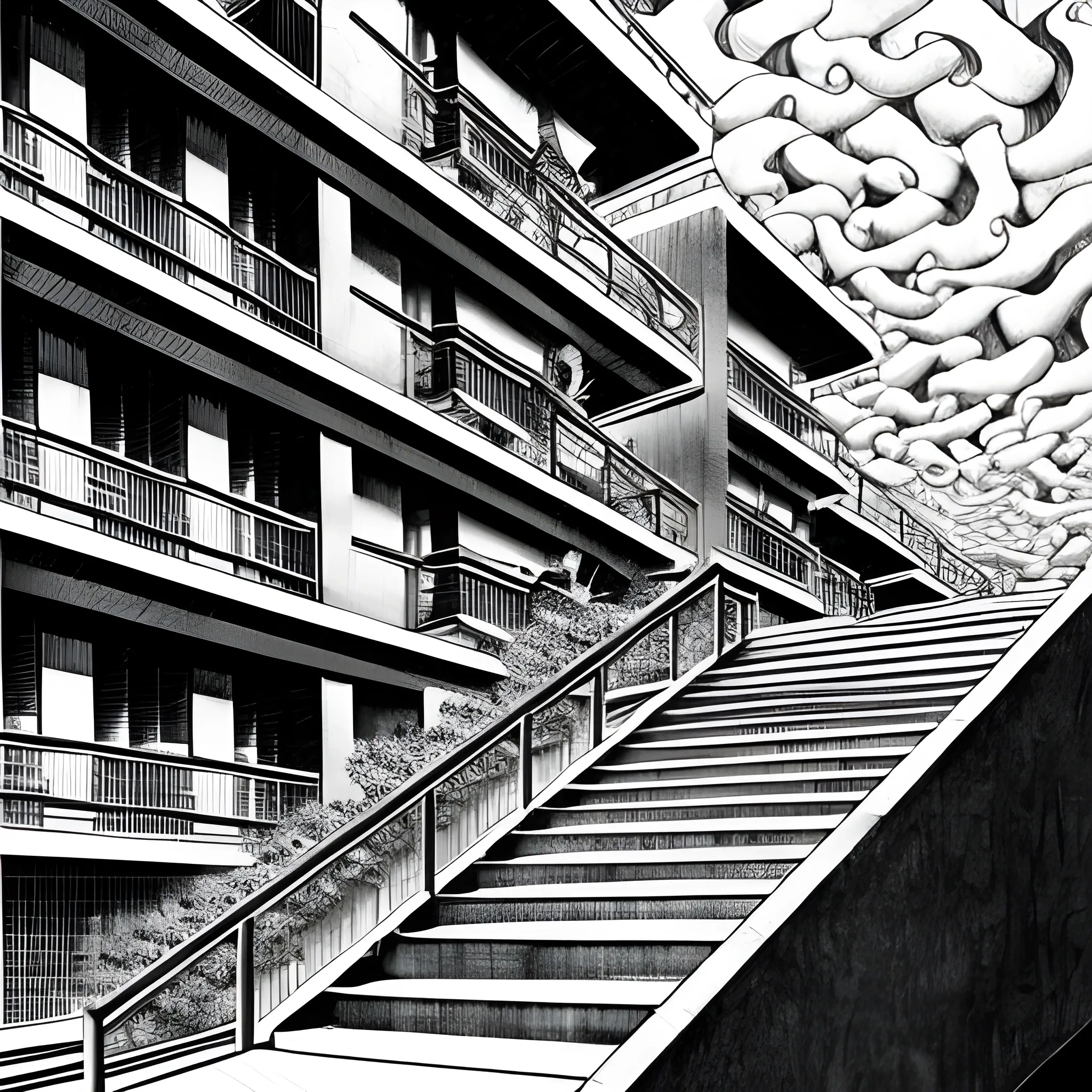 Black and white colors ink nanquim drawing Anime, Anime perspective drawing, surrealist setting of a school with endless stairs that look like paintings by Maurits Cornelis Escher, Salvador Dalí, Kazuo Umezu and Ito Junji mixed, landscape, sharp focus, masterpiece, highly detailed, surrealist landscape