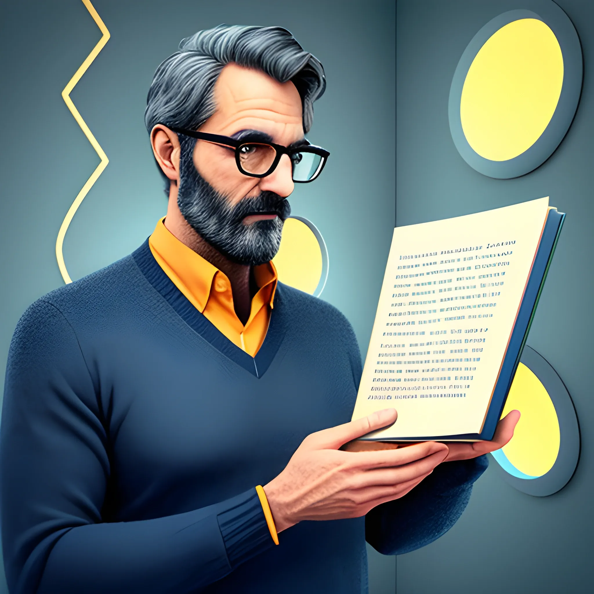 It generates a hyper-realistic image of a school classroom with golden sunset light filtering through the window. In the center of the room, visualize a very young teacher and round reading glasses, wearing a dark blue wool sweater and gray cloth pants. This professor is holding an old hardcover book with numerous colorful sticky notes protruding from the pages. In front of him is a holographic representation in shades of blue of ChatGPT, visualized as floating lines and curves forming a human face in the midst of detailed explanation