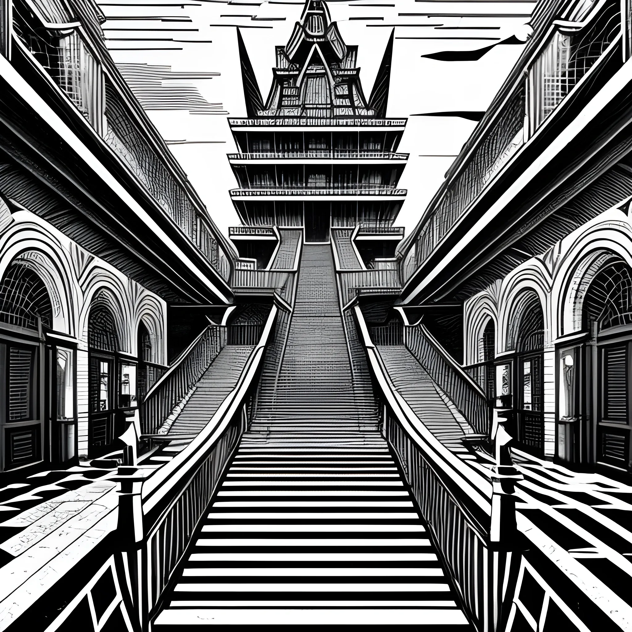 Black and white colors ink nanquim drawing Anime, Anime perspective drawing, surrealist setting of a school with endless stairs that look like paintings by Maurits Cornelis Escher, Salvador Dalí, Kazuo Umezu and Ito Junji mixed, landscape, sharp focus, masterpiece, highly detailed, surrealist landscape, crows heading towards the DEAD body