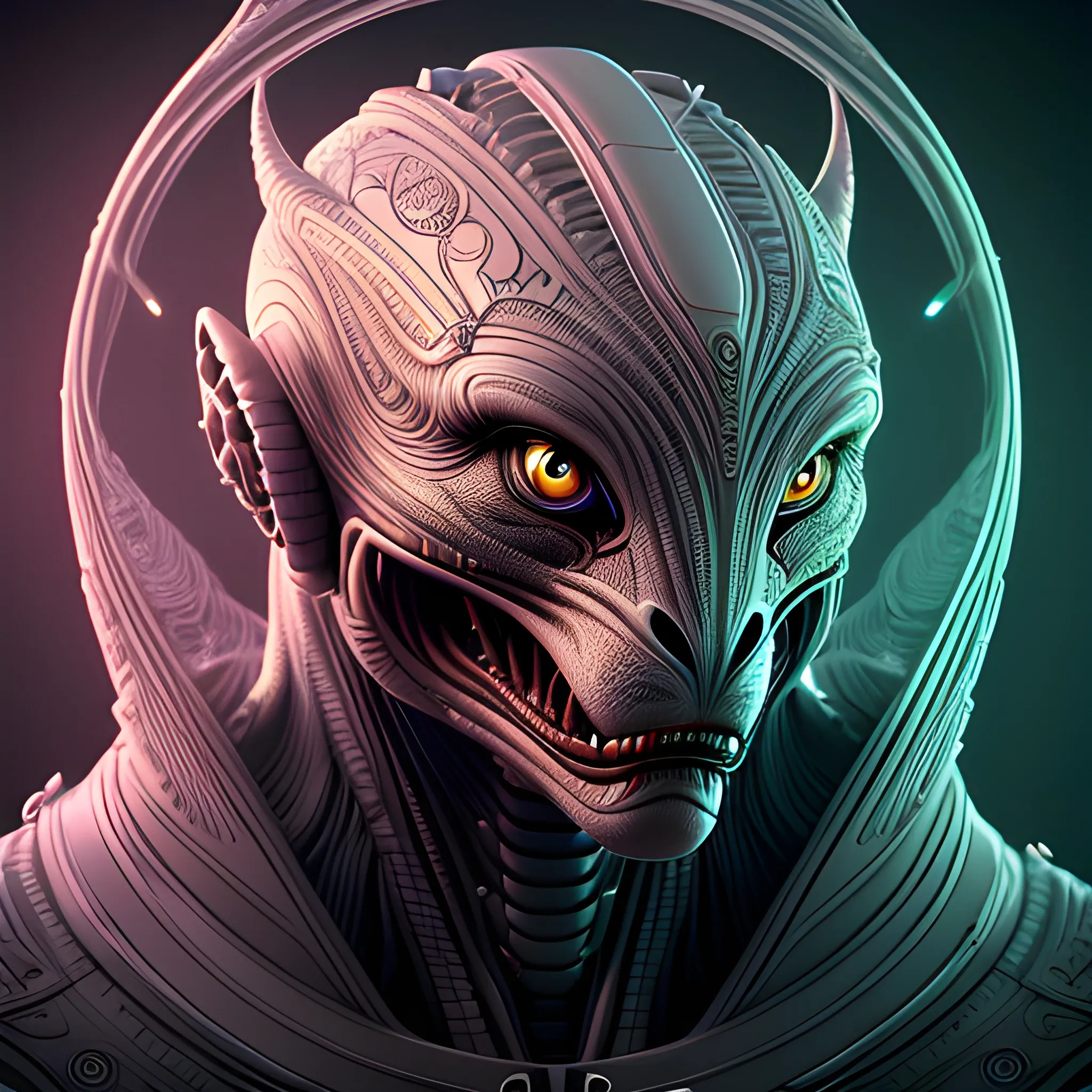 A detailed and intricate digital art piece in a cinematic style, this ultra high resolution portrait of a powerful alien beast is a true masterpiece. The beautiful lighting and playful design make it a trend-setter on ArtStation. A true award-winning work.