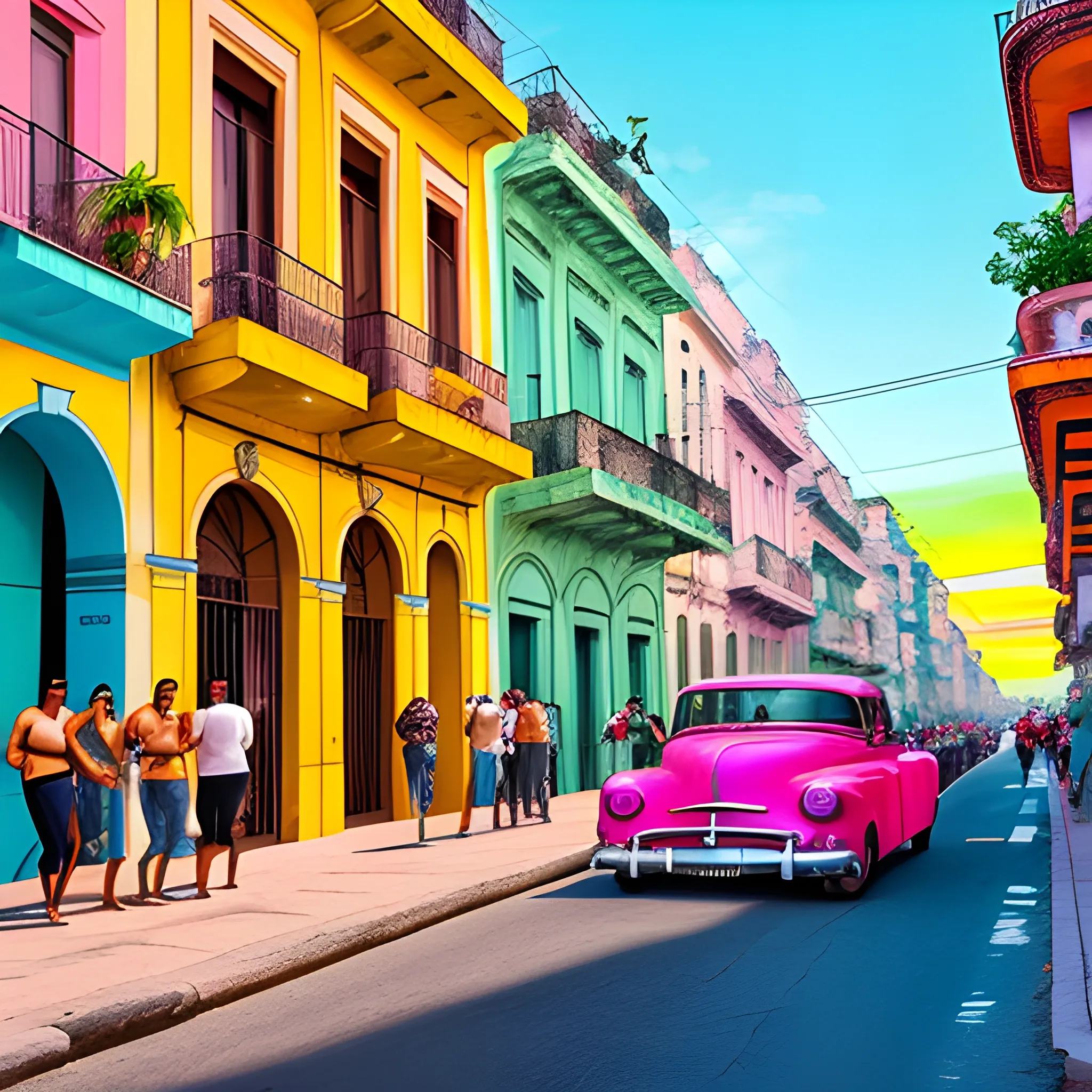 It generates a hyper-realistic image of a vibrant and colorful street scene in Havana, Cuba, at sunset. Visualize colonial buildings with peeling walls in bright shades of blue, yellow and pink, with wrought iron balconies adorned with potted plants. In the foreground, there should be a classic American car from the 1950s, gleaming and well-preserved, in a bright shade of mint green. The streets are full of people, enjoying the music emanating from a nearby café, where a group of musicians play Cuban son. The sky is a canvas of oranges and pinks, reflecting the last lights of day fading into the city's colorful architecture. It also includes views of tall palm trees and the blue ocean in the distance, providing the perfect counterpoint to the bustling city life.