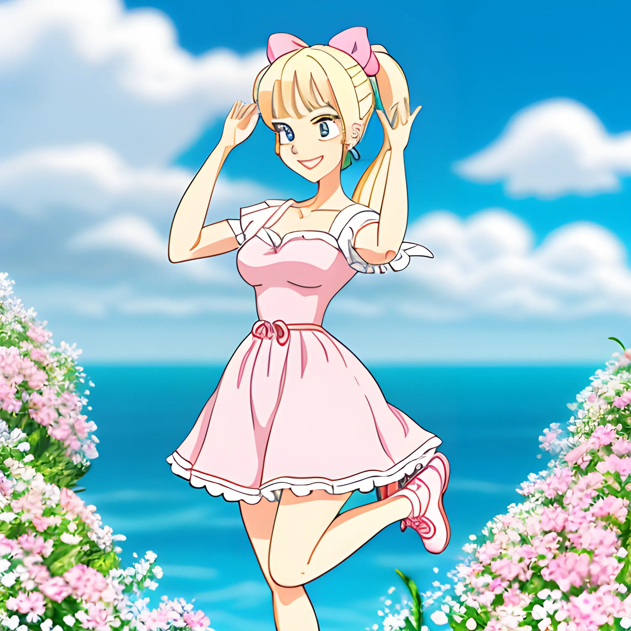 studio ghibli, where's waldo style,Gelda,8-10 years old,girl,blonde hair,twin ponytails,round face,fair skin,sparkling eyes,small cute nose,short stature,slim,agile,pink and white dress,white flowers,pink ribbons,white princess shoes,bow knot,little accessories,pink gem hair clip,white lace handkerchief,sweet,vibrant,young girl,brave,kind-hearted,fairytale princess,warm,dreamy,beautiful detailed eyes,beautiful detailed lips,extremely detailed eyes and face,longeyelashes, Cartoon, Cartoon,happy face