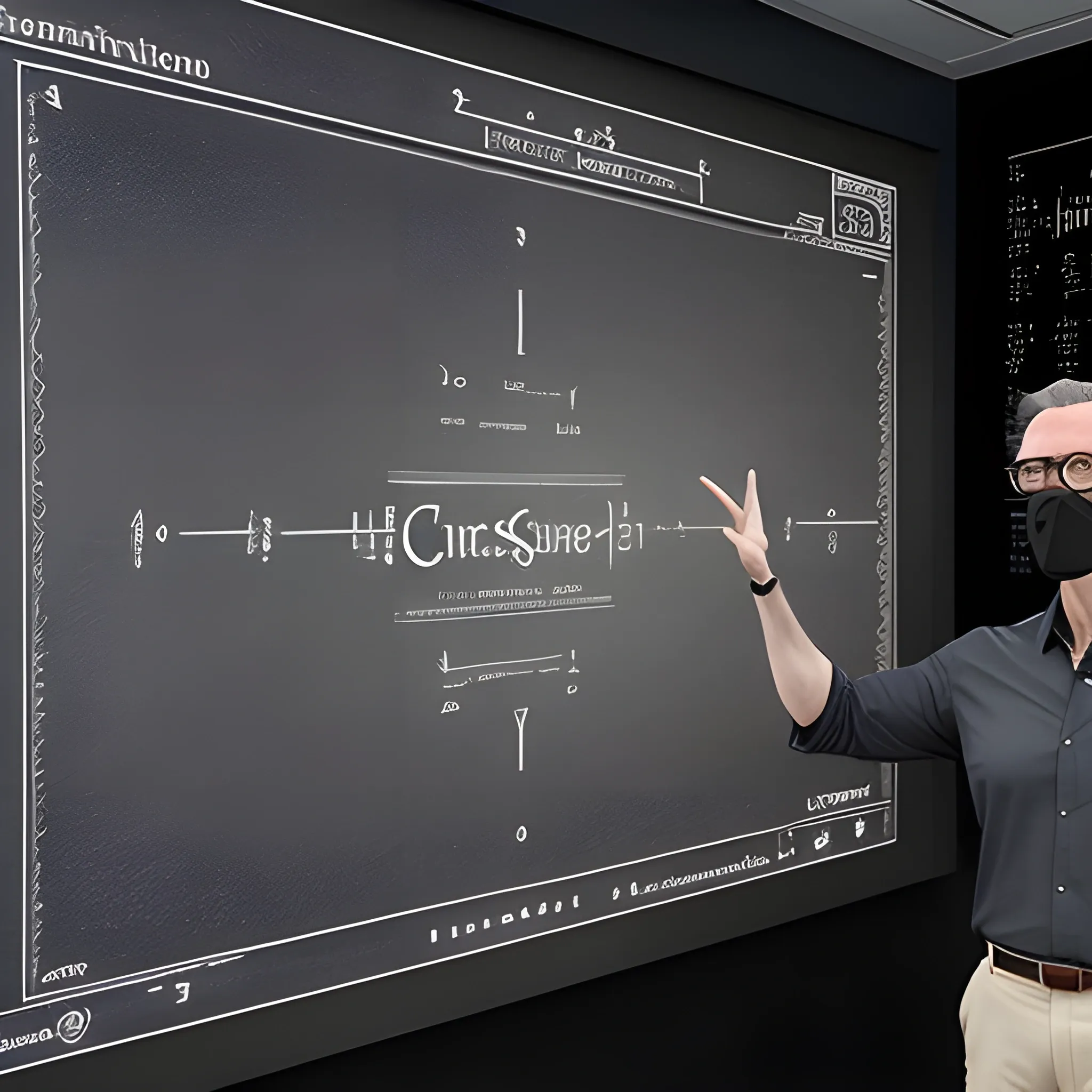It generates a hyper-realistic image of a classic university classroom with a blackboard in the background, covered with mathematical equations and flowcharts representing artificial intelligence algorithms. In front of the blackboard, a silhouette of a professor in a teaching pose, with one arm raised as if explaining a concept. The professor is a fusion between a human and a cyborg.