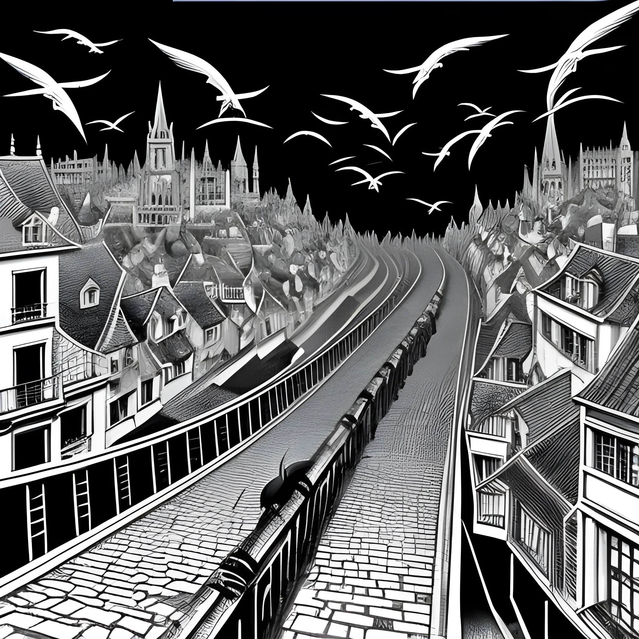 Black and white colors ink nanquim drawing Anime, Anime perspective drawing, crows heading towards the dead body surrealist setting of a english school with endless stairs that look like paintings by Maurits Cornelis Escher, Salvador Dalí, Kazuo Umezu and Ito Junji mixed, landscape, sharp focus, masterpiece, highly detailed, surrealist landscape