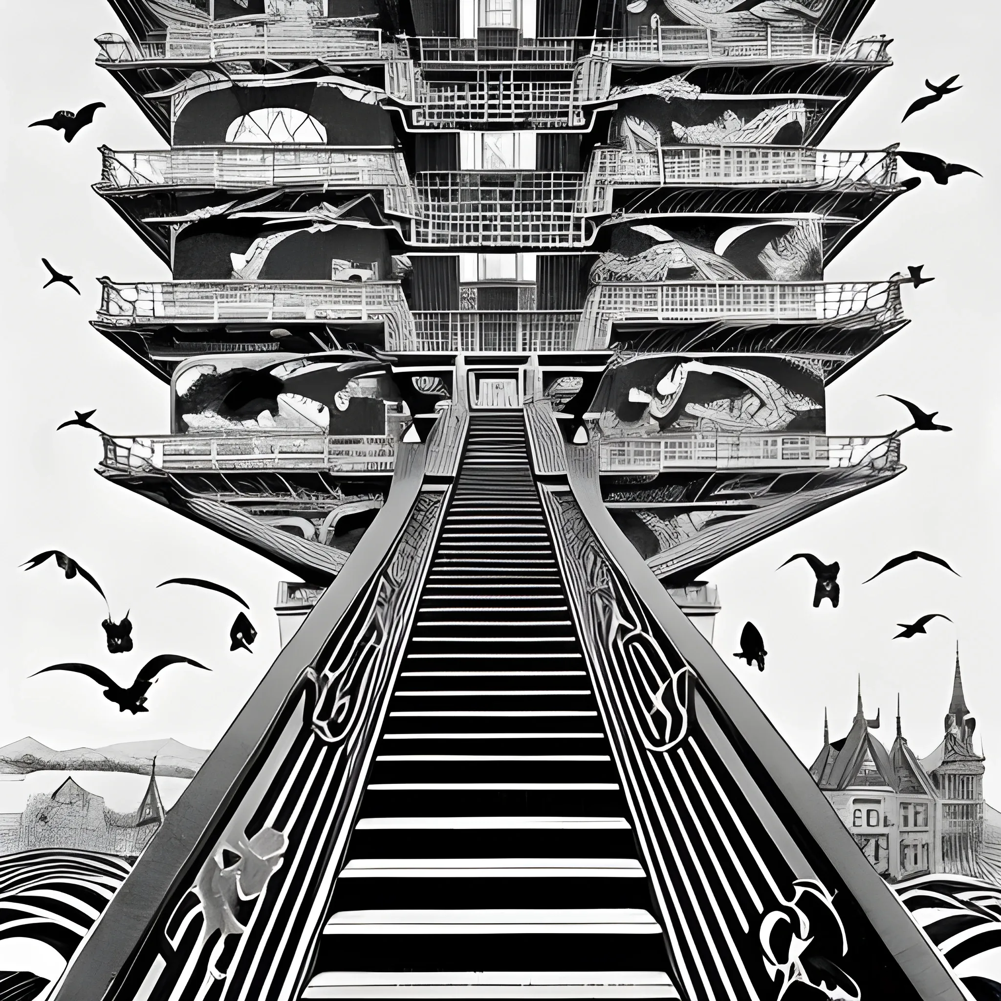 Black and white colors ink nanquim drawing Anime, Anime perspective drawing, crows heading towards the dead body surrealist setting of a english school with endless stairs that look like paintings by Maurits Cornelis Escher, Salvador Dalí, Kazuo Umezu and Ito Junji mixed, landscape, sharp focus, masterpiece, highly detailed, surrealist landscape