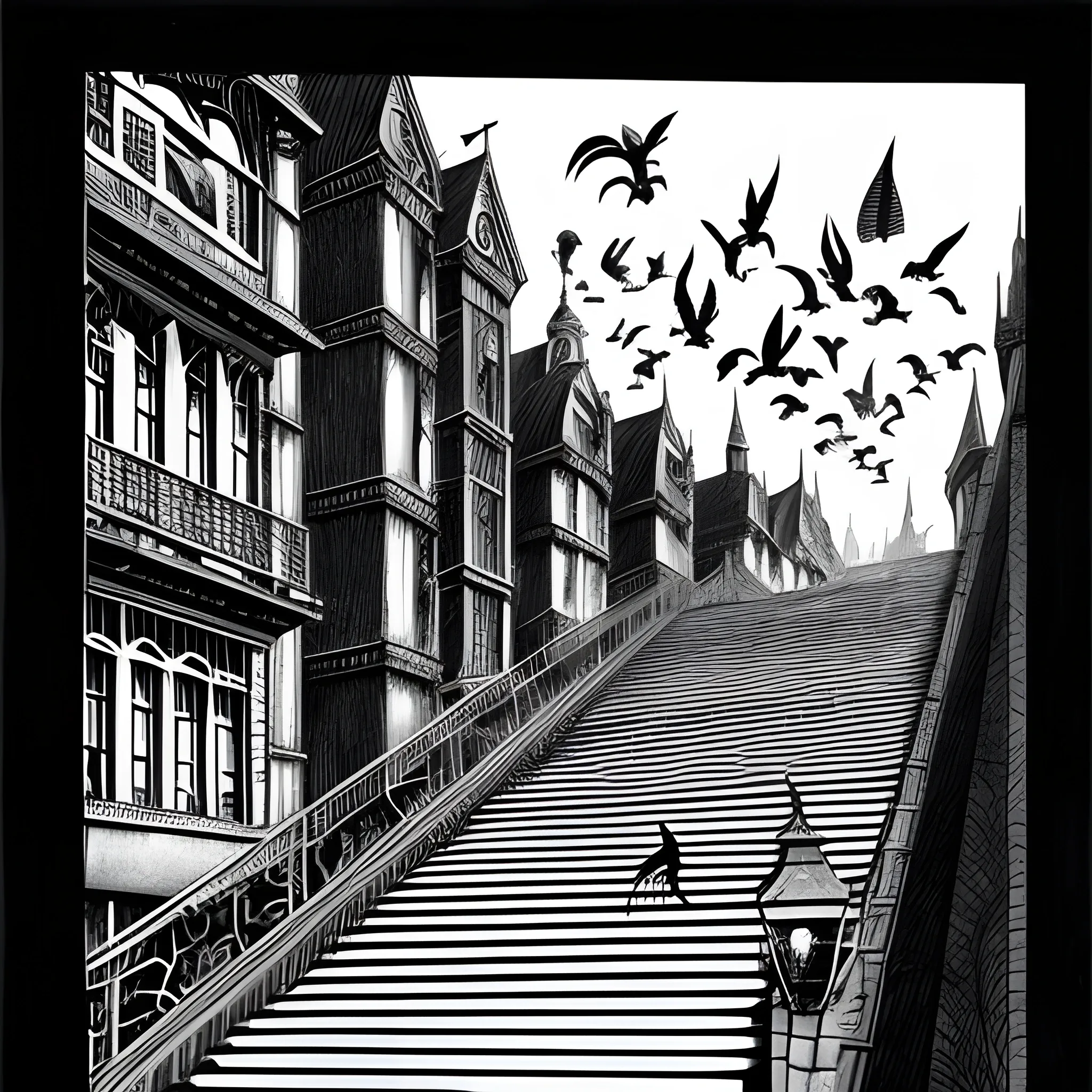 Black and white colors ink nanquim drawing Anime, Anime perspective drawing, crows heading towards the dead body surrealist setting of a english school with endless stairs that look like paintings by Maurits Cornelis Escher, Salvador Dalí, Kazuo Umezu and Ito Junji mixed, landscape, sharp focus, masterpiece, highly detailed, surrealist landscape