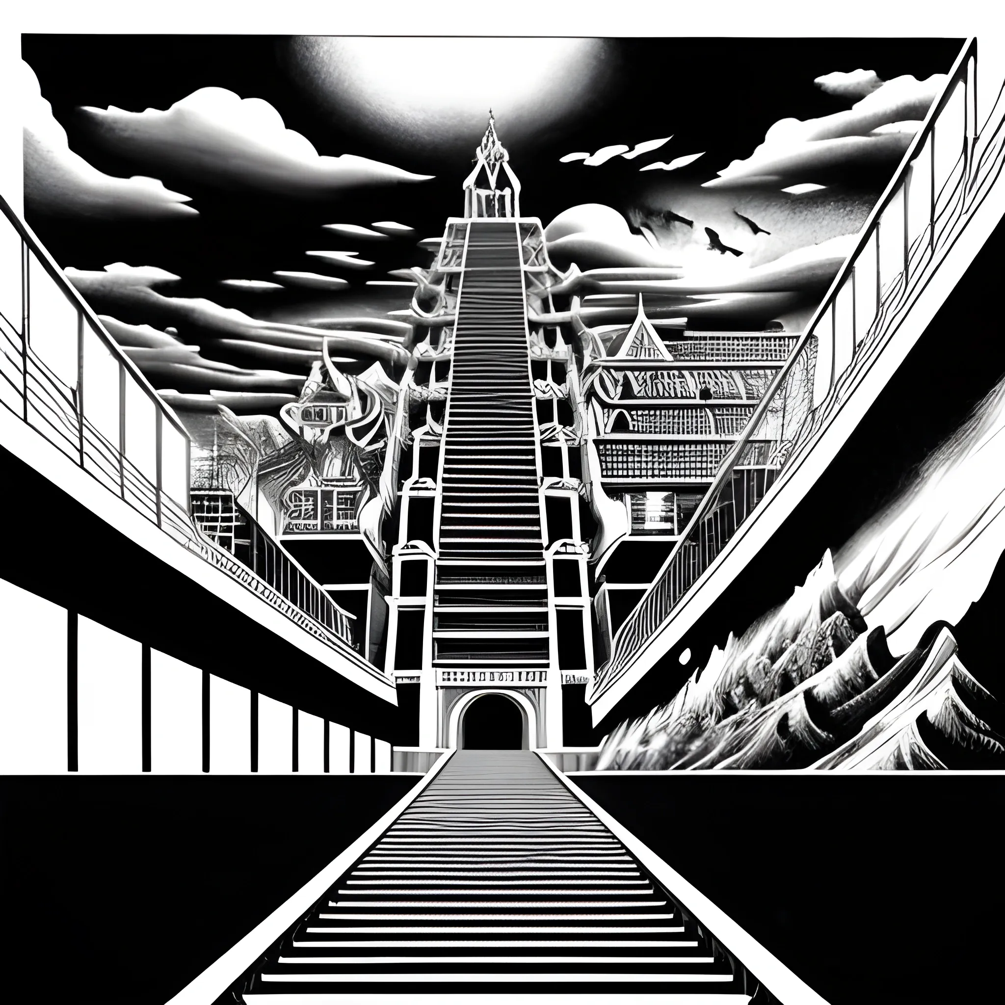 Black and white colors ink nanquim drawing Anime, Anime perspective drawing, crows heading towards the dead body surrealist setting of a english school with endless stairs that look like paintings by Maurits Cornelis Escher, Salvador Dalí, Kazuo Umezu and Ito Junji mixed, landscape, sharp focus, masterpiece, highly detailed, surrealist landscape