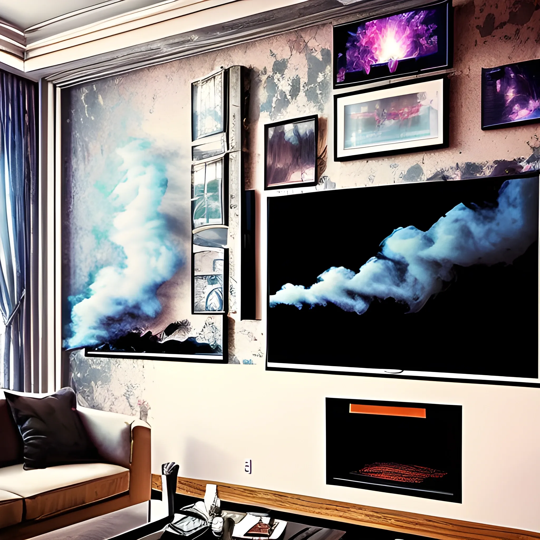 a cinematic view, a tv, sittting in sofa, with various frames in wall, trippy, with smoke, dark
