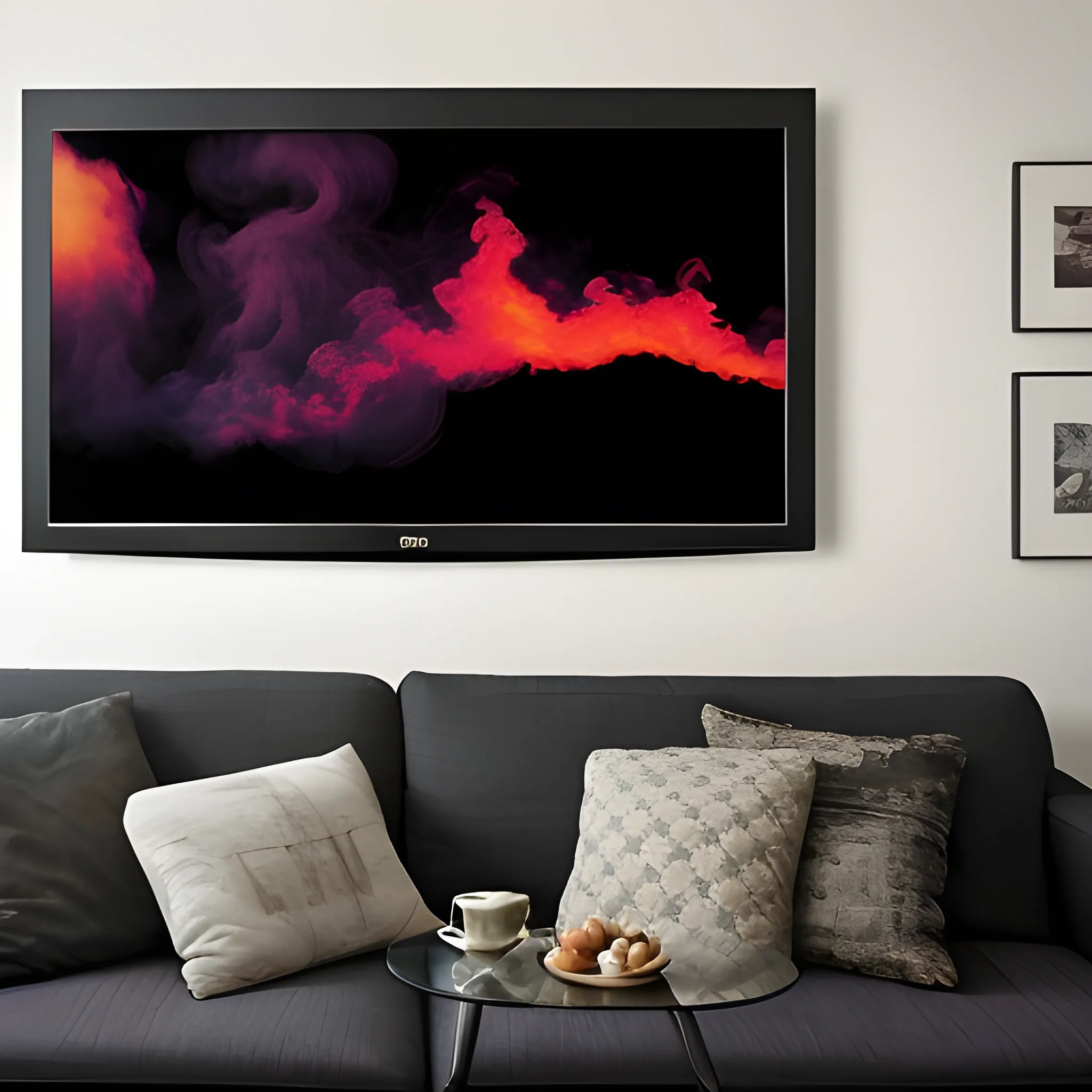 a cinematic view, a tv, sittting in sofa, with various frames in wall, trippy, with smoke, dark
