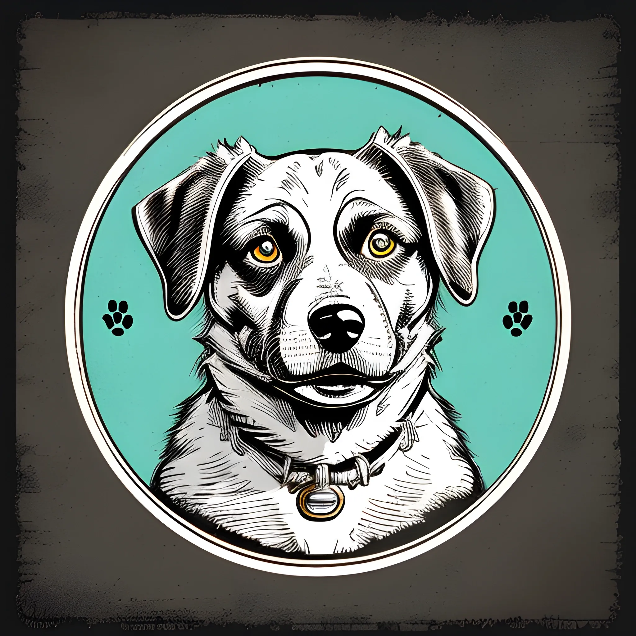 A detailed illustration, dog, night, clean focus , full shot splash, comic, flat design, colorful shades, highly detailed, clean, vector image, flat white background, vibrant, vector, vintage, rustic, distressed texture, faded colors, line art, engraving style, background white, no shadows, 16k, focus, deviant art masterpiece.