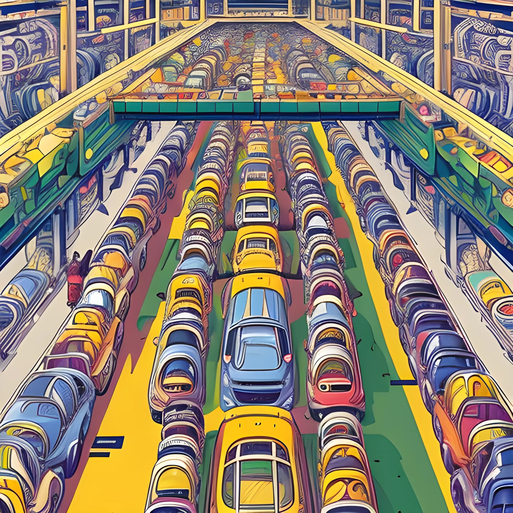 a crowded scene in an car factory, open plan, top view, by jeff carslile, colorful, intricate, highly detailed, rich colors,  cartoonish, studio ghibli, where's waldo style, Trippy