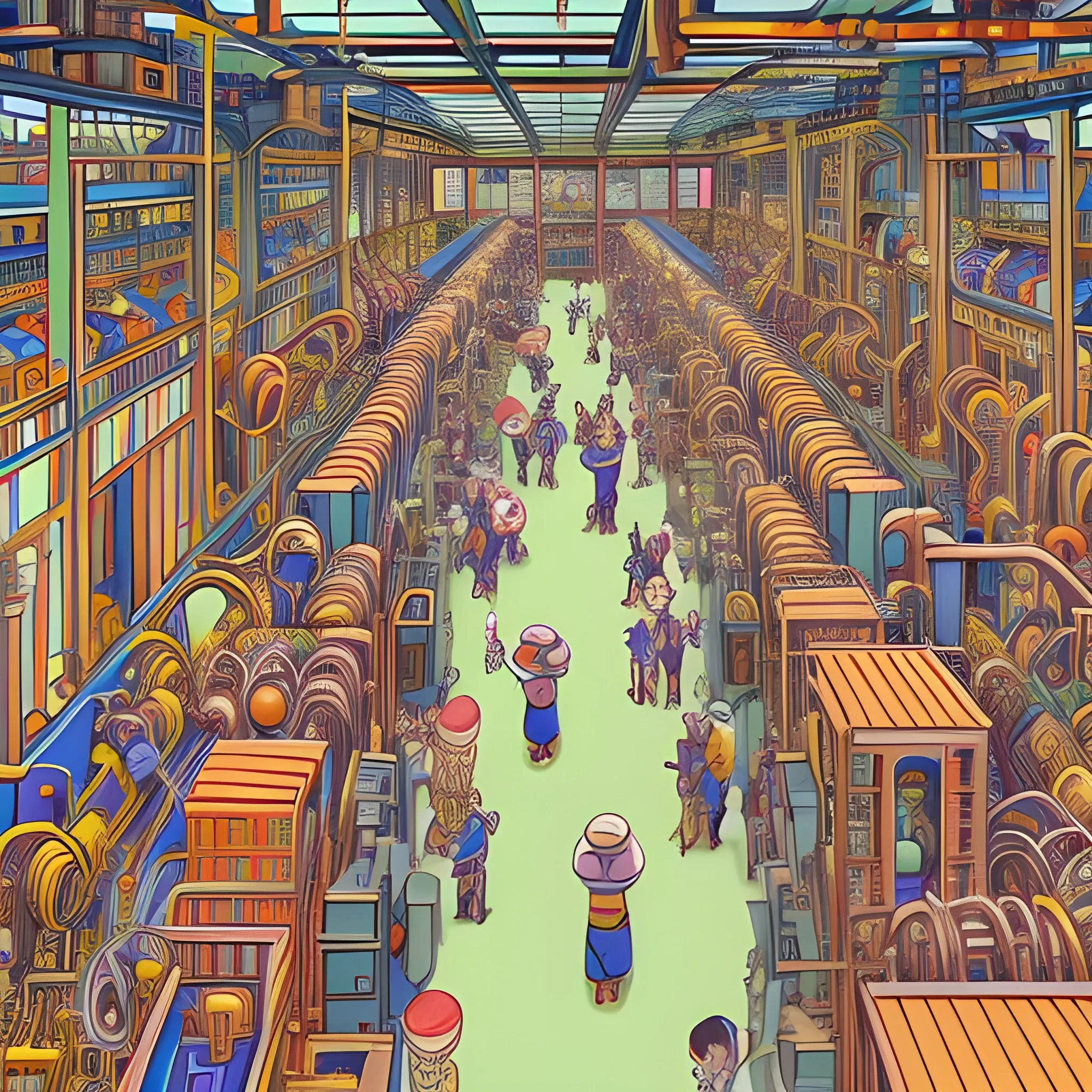 a crowded scene in an machinery factory, open plan, top view, by jeff carslile, colorful, intricate, highly detailed, rich colors,  cartoonish, studio ghibli, where's waldo style, Trippy