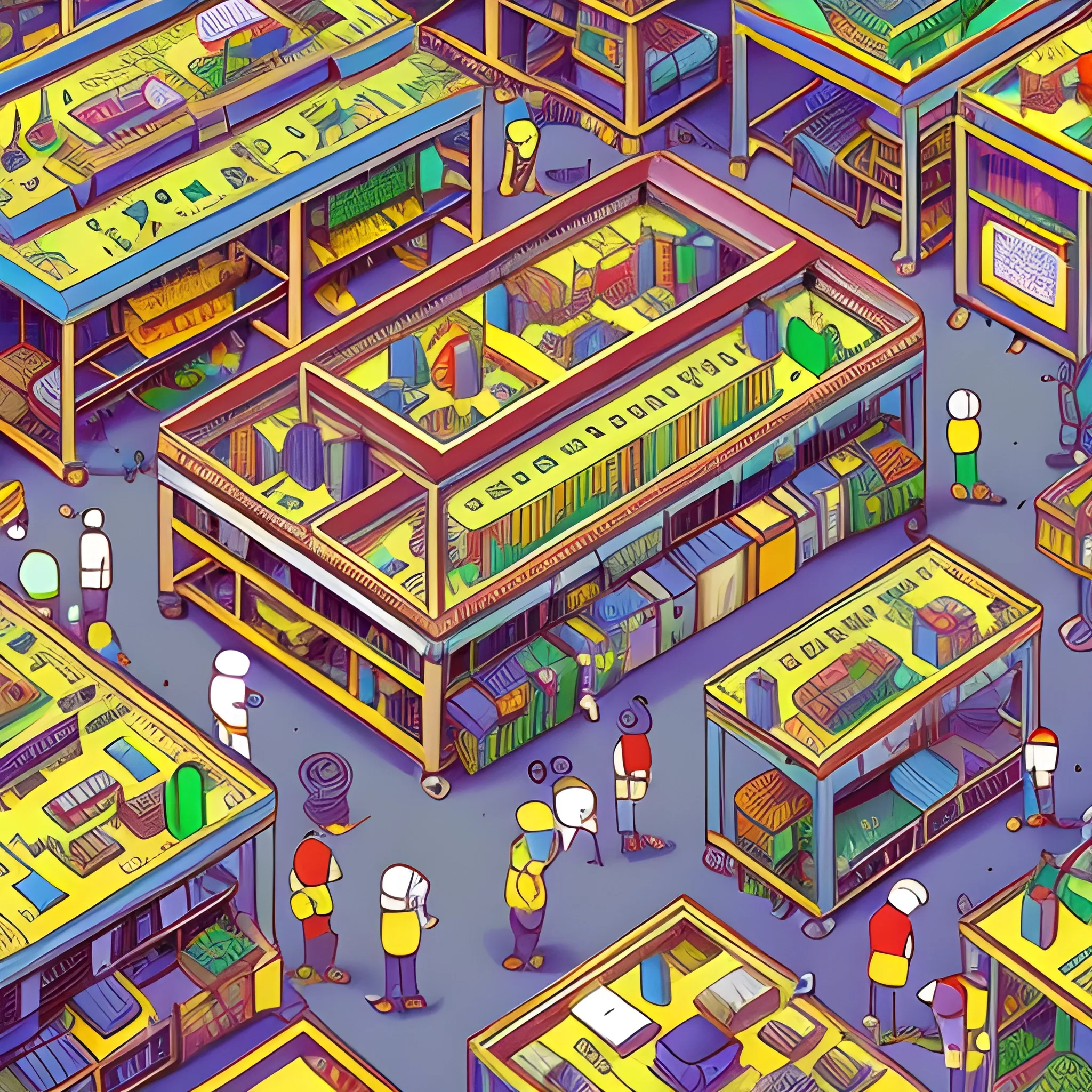 a crowded scene in an tech factory, open plan, top view, by jeff carslile, colorful, intricate, highly detailed, rich colors,  cartoonish, studio ghibli, where's waldo style, Trippy