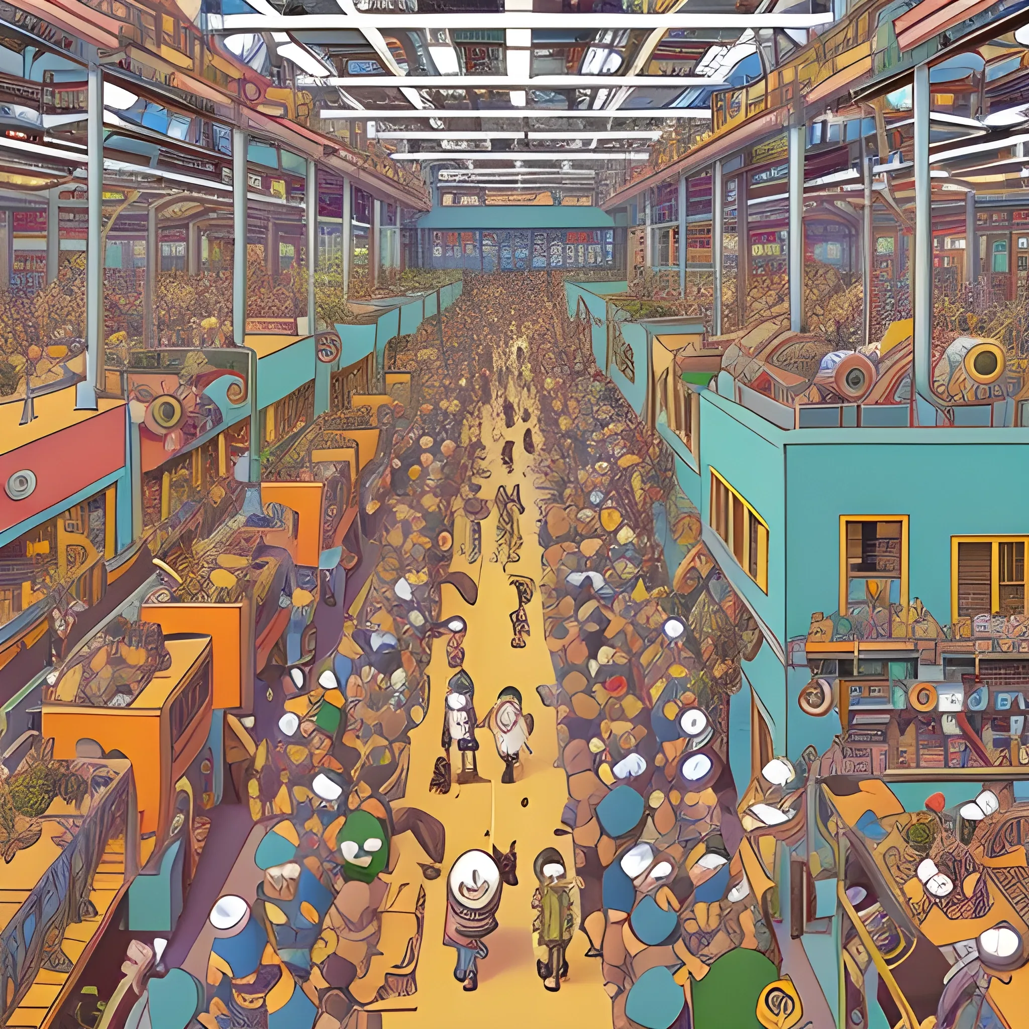 a crowded scene in an tech factory, with full security, open plan, top view, by jeff carslile, colorful, intricate, highly detailed, rich colors,  cartoonish, studio ghibli, where's waldo style, Trippy