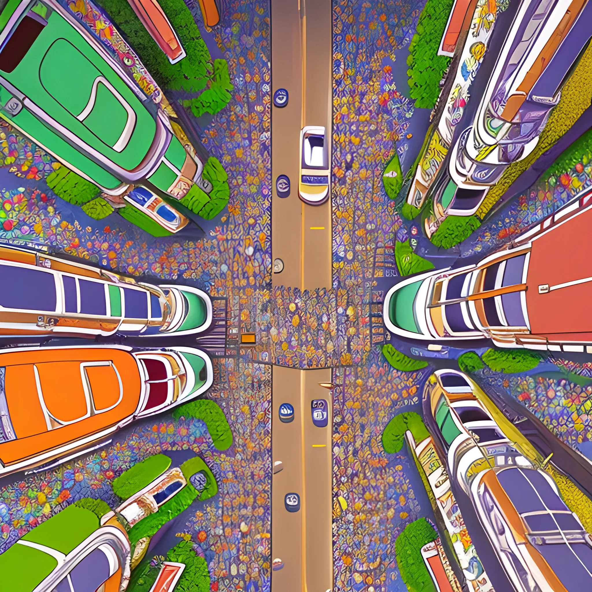 a crowded scene in an road, open plan, top view, by jeff carslile, colorful, intricate, highly detailed, rich colors,  cartoonish, studio ghibli, where's waldo style, Trippy