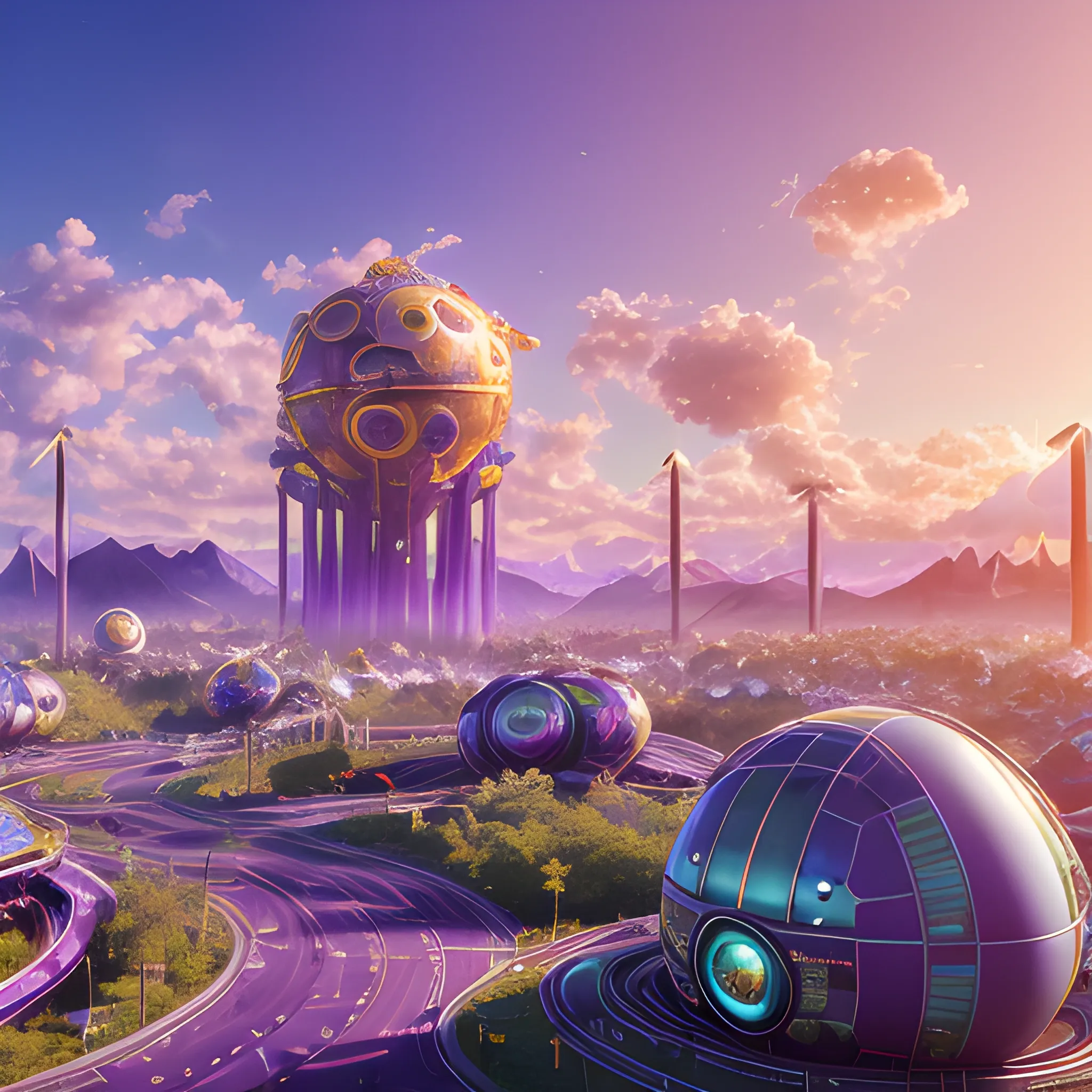 highly detailed articifial futuristic sun, solarpunk, sustainable energy machine, advanced technology, bright blue clouds, landscape of lush purple cityscape, nature, optimistic, environmental harmony, urban, ecological, vision, innovation, photo realistic 3d render, high resolution, panoramic, insane details, golden hour, cinematic