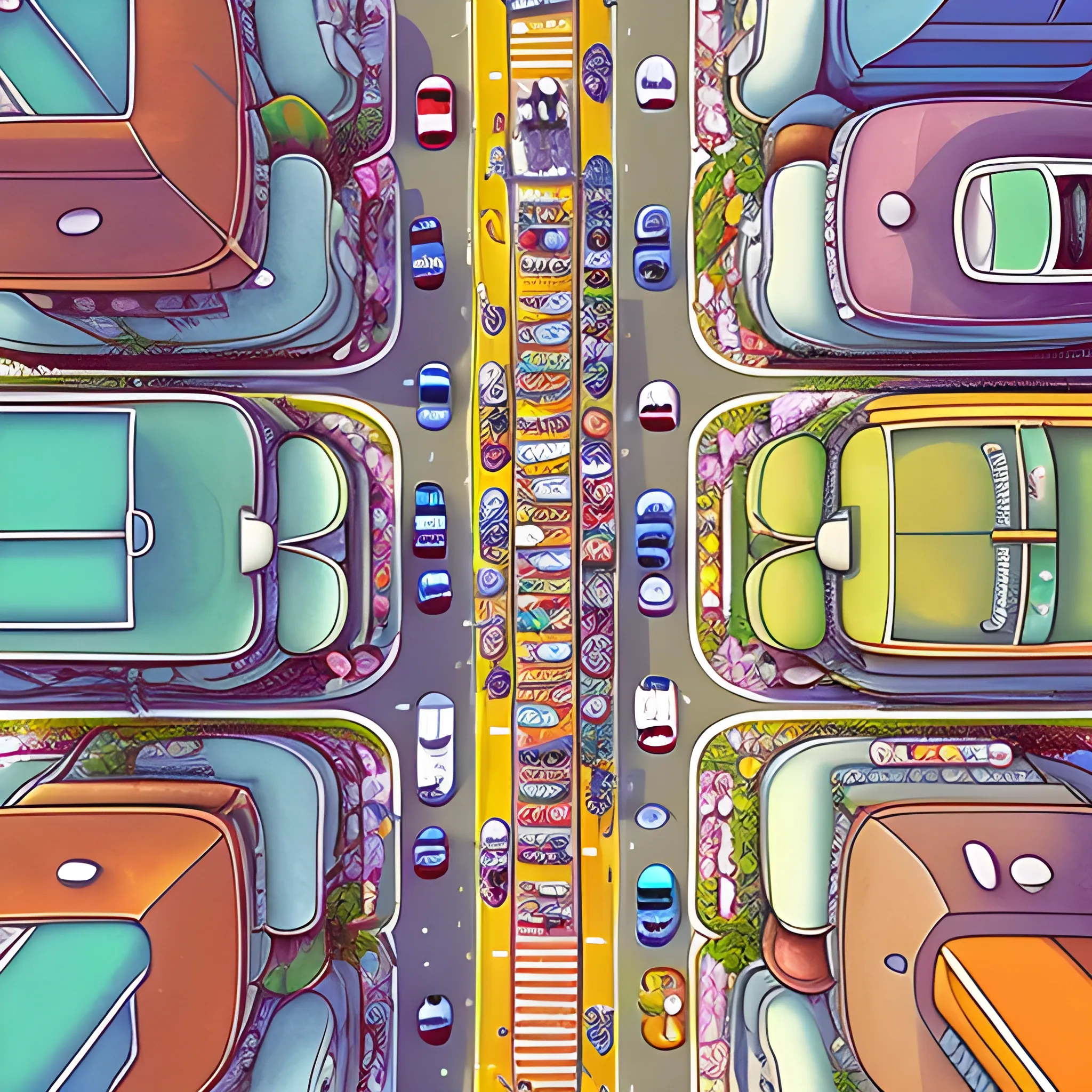 a crowded scene in an road, open plan, top view, by jeff carslile, colorful, intricate, highly detailed, rich colors,  cartoonish, studio ghibli, where's waldo style, Trippy