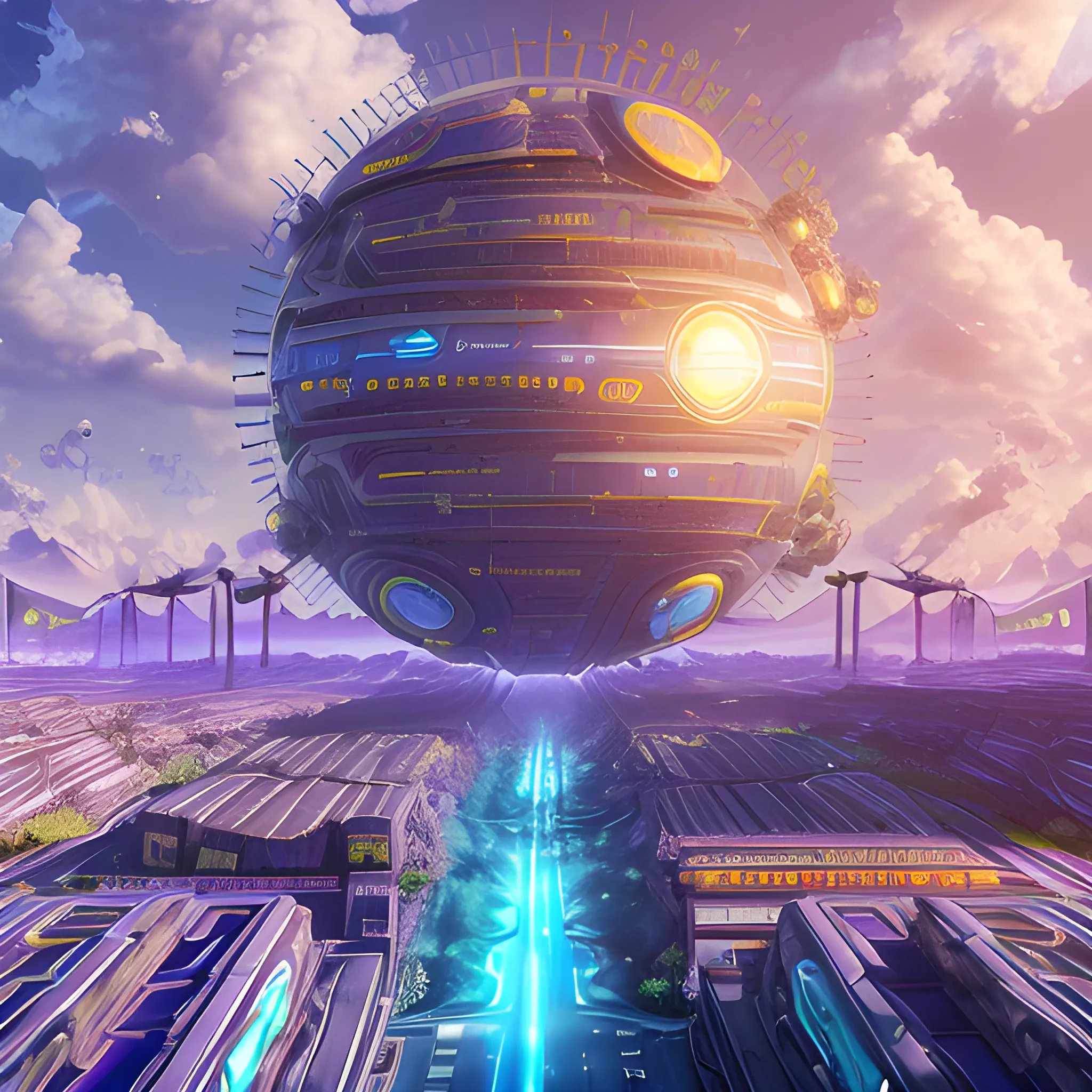 highly detailed articifial futuristic sun, solarpunk, sustainable energy machine, advanced technology, bright blue clouds, landscape of lush purple cityscape, nature, optimistic, environmental harmony, urban, ecological, vision, innovation, photo realistic 3d render, high resolution, panoramic, insane details, golden hour, cinematic, dark sky