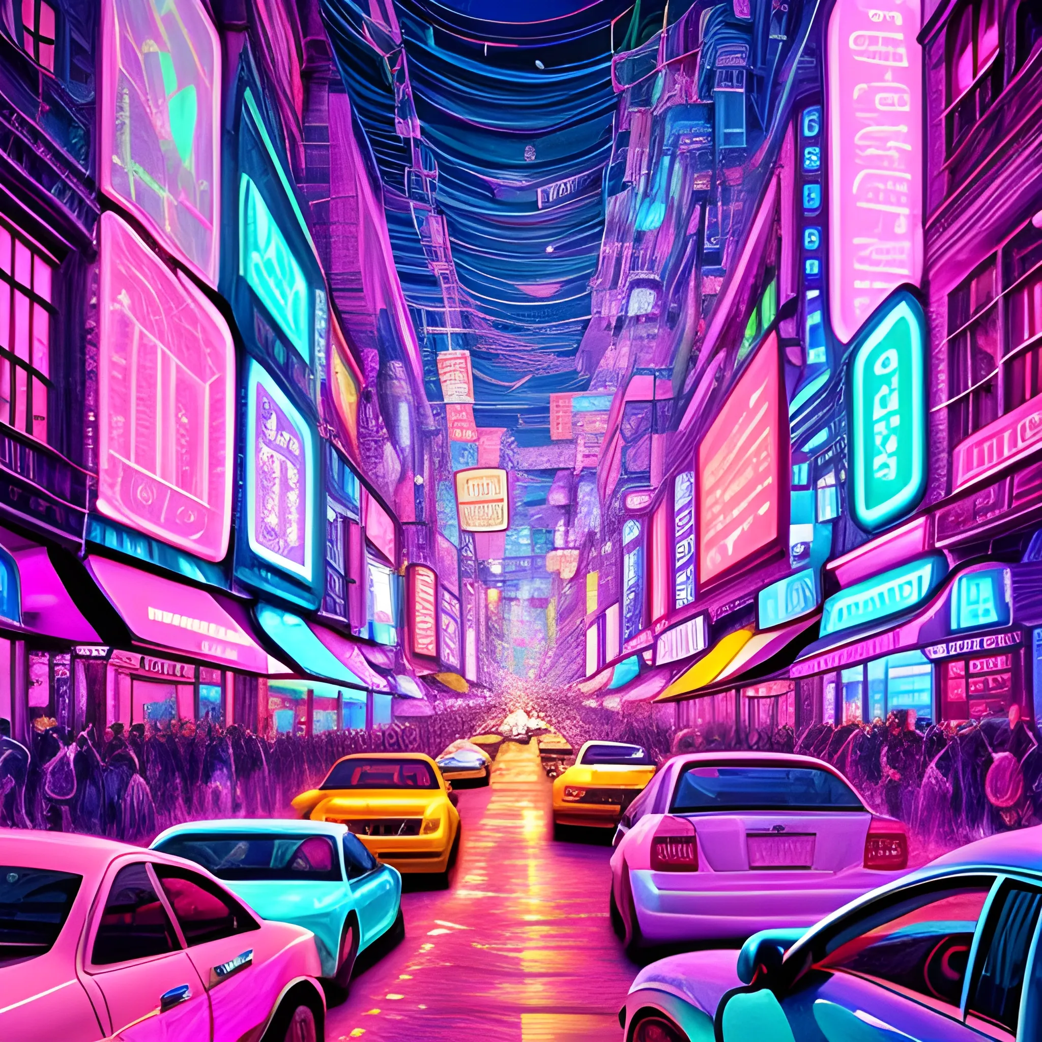 a crowded scene in an road, first person view, pastel colorful, intricate, highly detailed, rich colors, 8k full resolution, present, neon, studio, Trippy