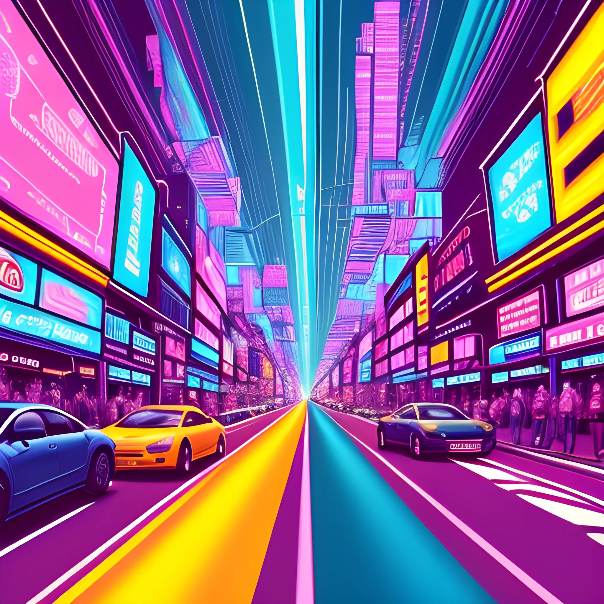 a crowded scene in an road, first person view driver, pastel colorful, intricate, highly detailed, rich colors, 8k full resolution, present, neon, studio, Trippy