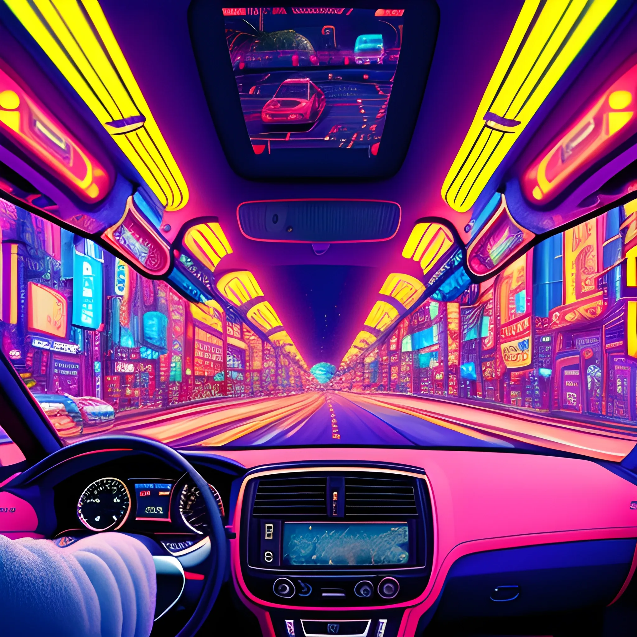 a crowded scene in an road, driver view, intricate, highly detailed, rich colors, 8k full resolution, present, neon, studio, Trippy