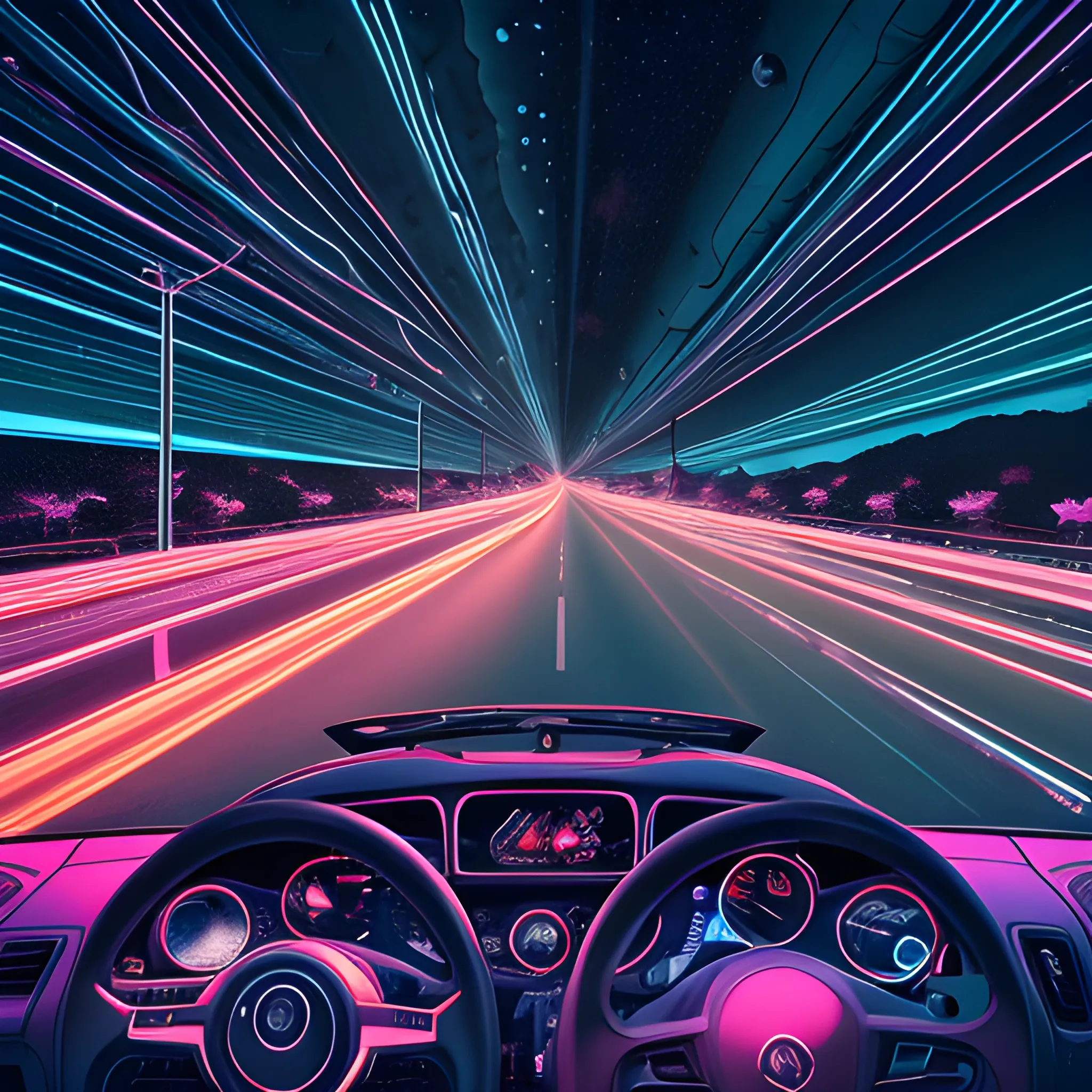 a crowded scene in an road, driver view, intricate, highly detailed, rich colors, 8k full resolution, present, neon, studio, Trippy, dark sky, in the middle of nothing