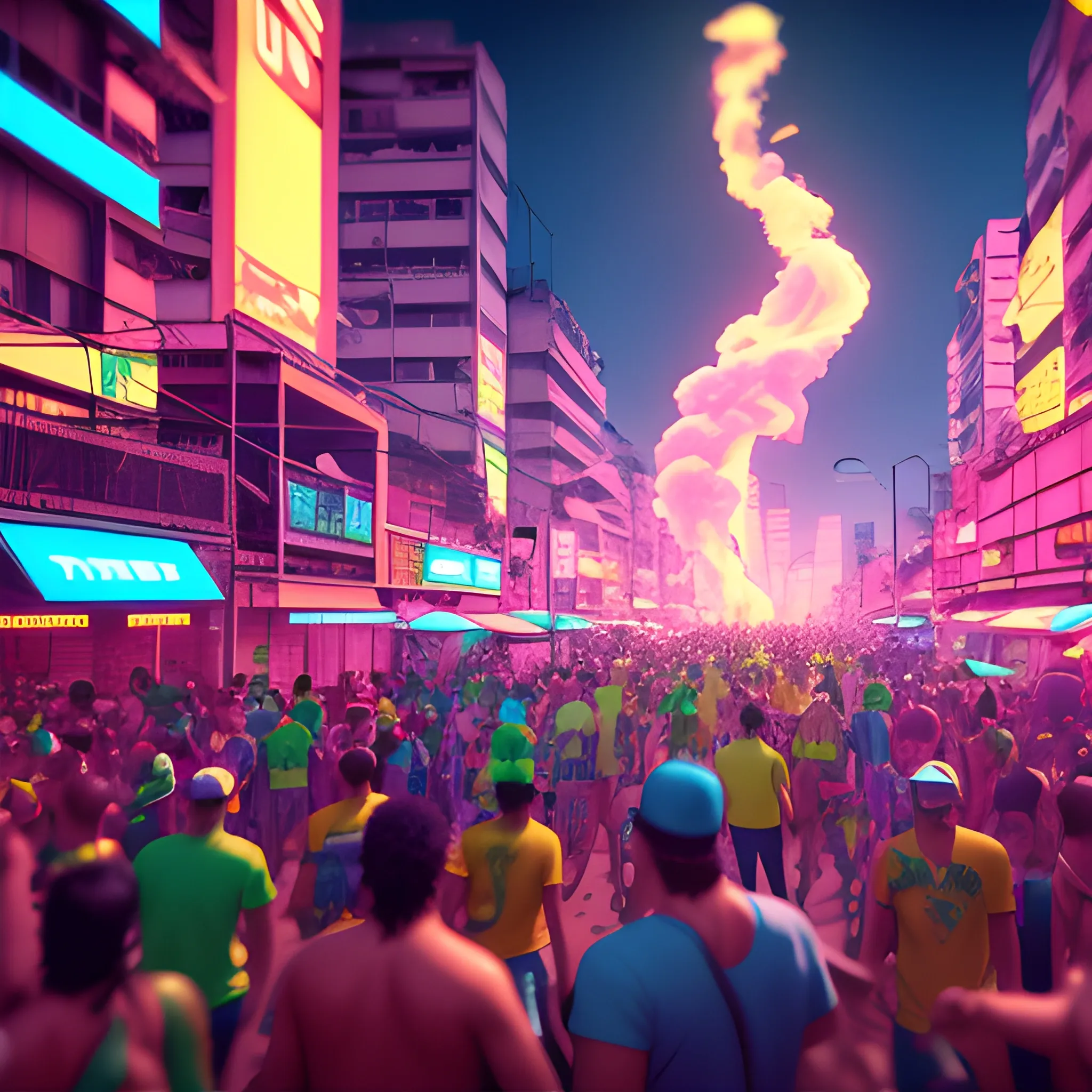 a crowded scene, funk brazil, trap, neon, smoke, brazil, high resolution, brazil vibes, 8k , unreal engine, funk