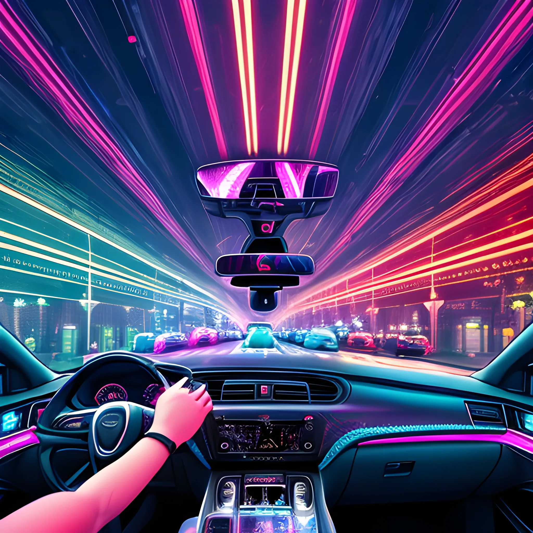 a crowded scene in an road, driver view, intricate, highly detailed, rich colors, 8k full resolution, present, neon, studio, Trippy, dark sky, in the middle of nothing, with a digital assistant