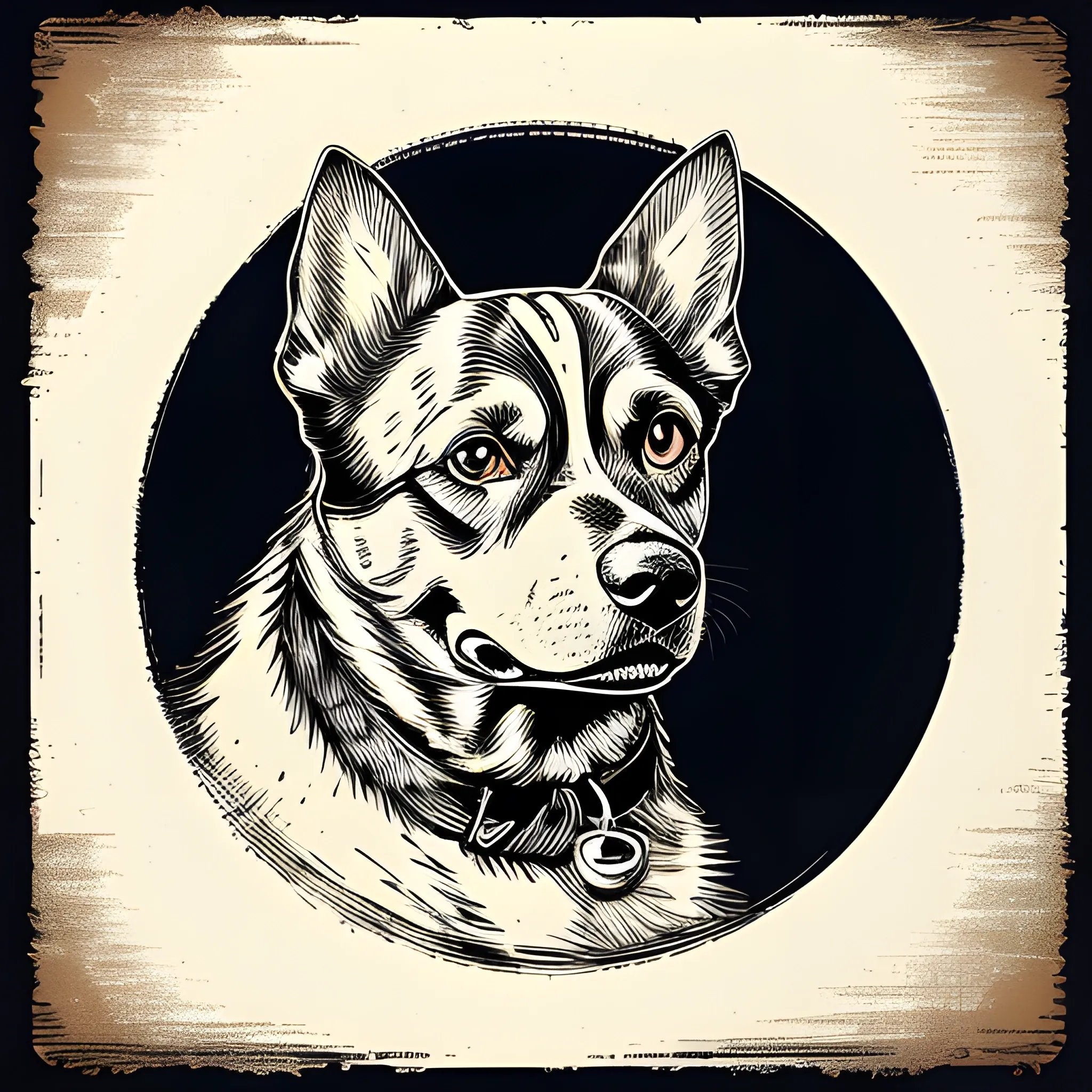 A detailed illustration, dog, night, clean focus , full shot splash, comic, flat design, colorful shades, highly detailed, clean, vector image, flat white background, vibrant, vector, vintage, rustic, distressed texture, faded colors, line art, engraving style, background white, no shadows, 16k, focus, deviant art masterpiece.