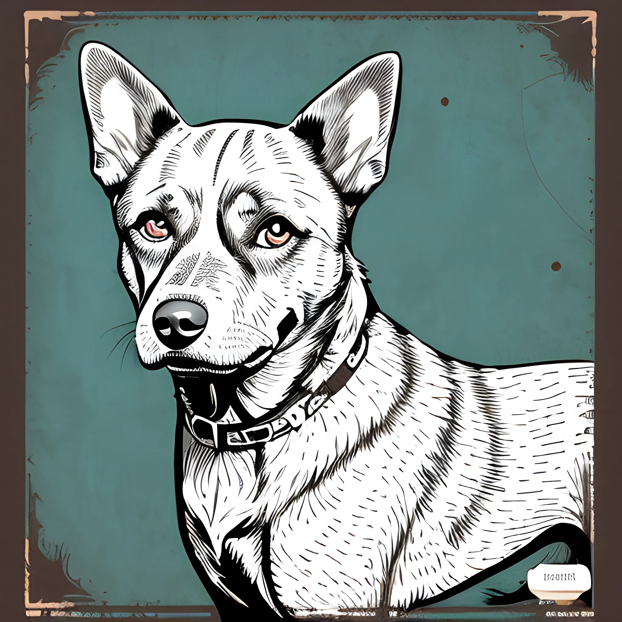 A detailed illustration, dog, night, clean focus , full shot splash, comic, flat design, colorful shades, highly detailed, clean, vector image, flat white background, vibrant, vector, vintage, rustic, distressed texture, faded colors, line art, engraving style, background white, no shadows, 16k, focus, deviant art masterpiece. proportional