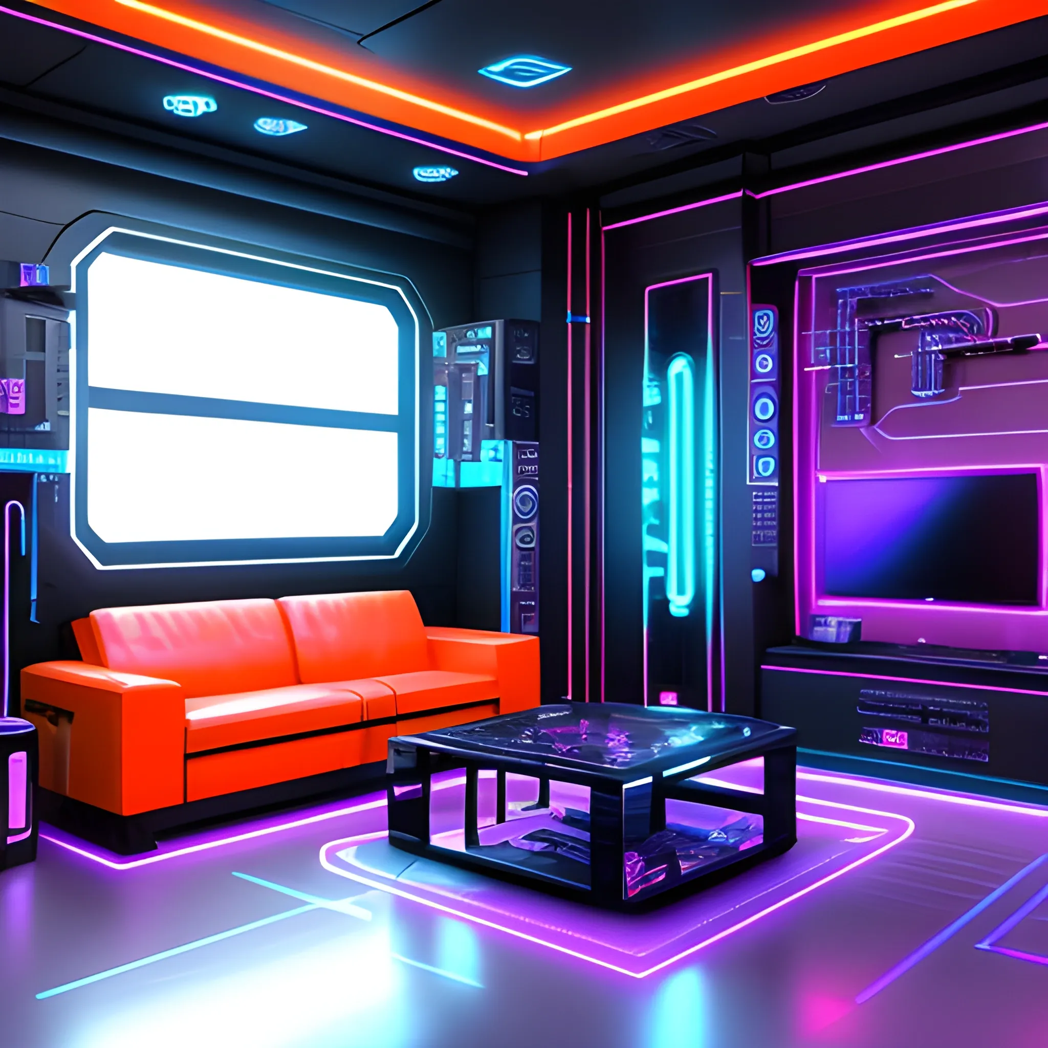 Cyberpunk style, a living room,  Futuristic,Technological,High-tech texture,(orange light),(neon lights),(blue purple neon),Lines and geometric patterns,dim light,High-gloss black flooring,Laser lighting,Illuminated tubes,Metal materials,Sleek and tech-inspired furniture,Streamlined metal,decorations,Cyberpunk-themed ornaments,Futuristic cityscape paintings,Technological elements,Touchscreen display,Touch-sensitive control panel,(best quality),(masterpiece), (8k ), super detailed,, Water Color, Water Color, Pencil Sketch, 3D